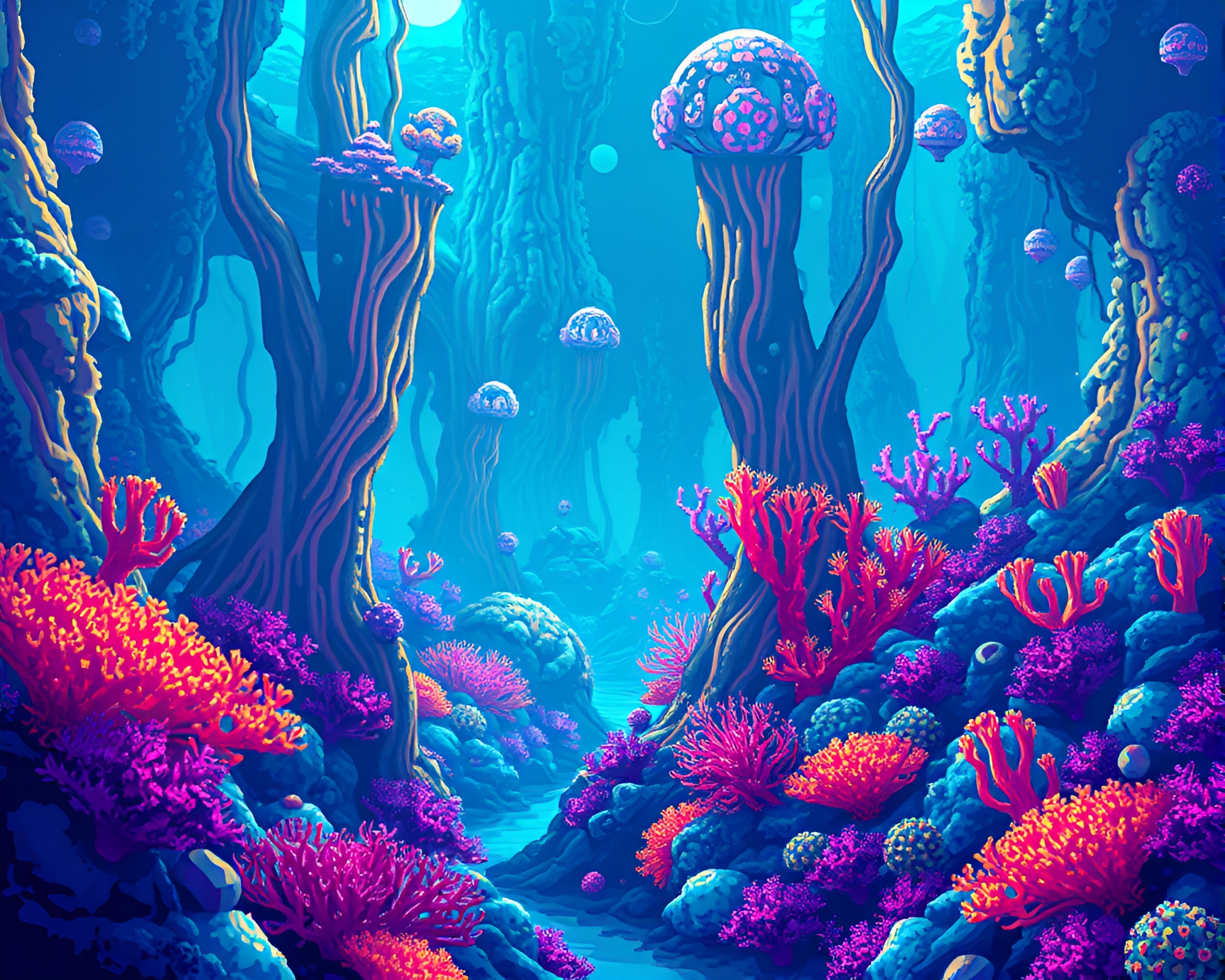 Alien Coral Forest: Futuristic Pixel Art Wonderland – free AI stock image