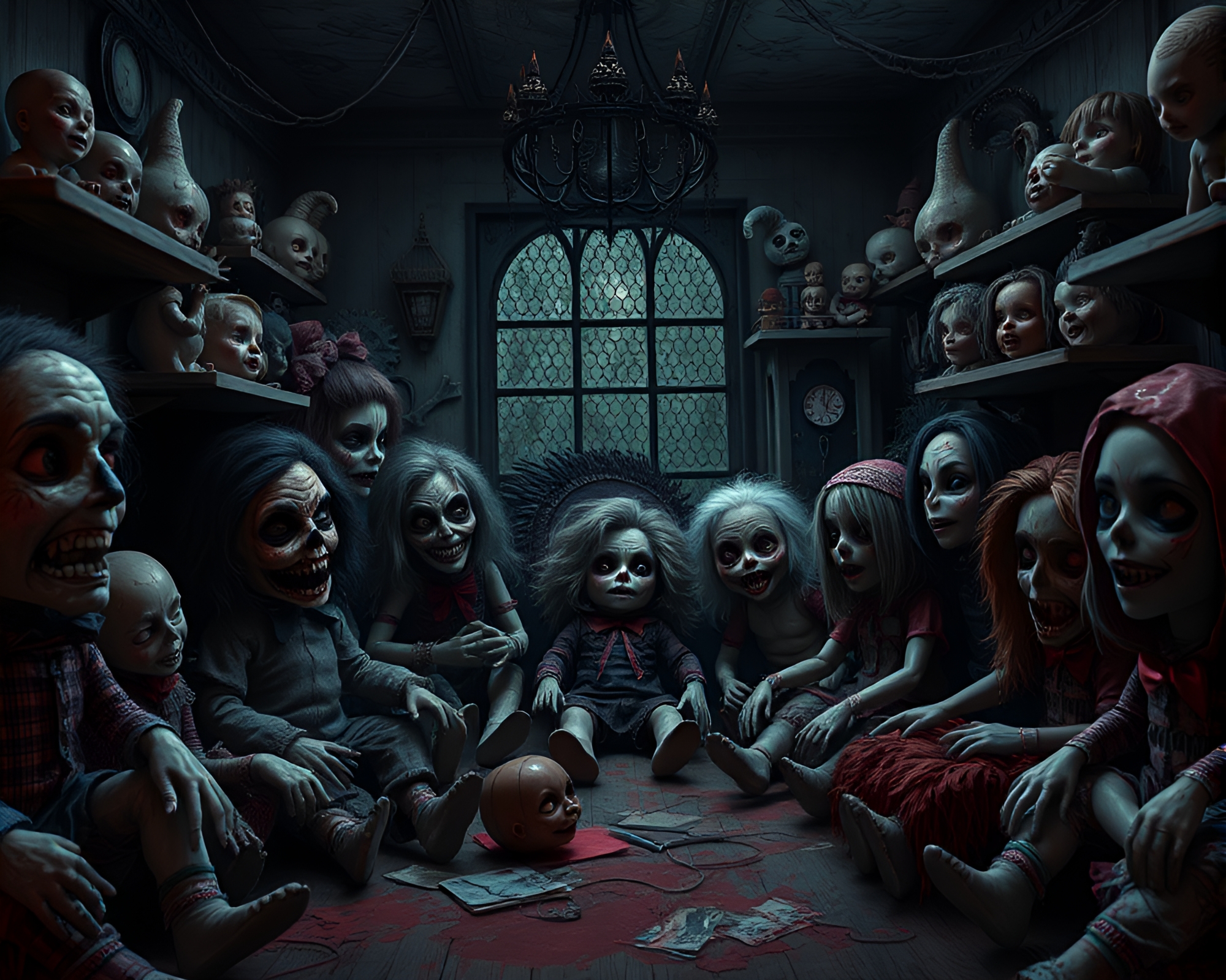 Sinister Doll Workshop for Macabre Game Concept – free AI stock image