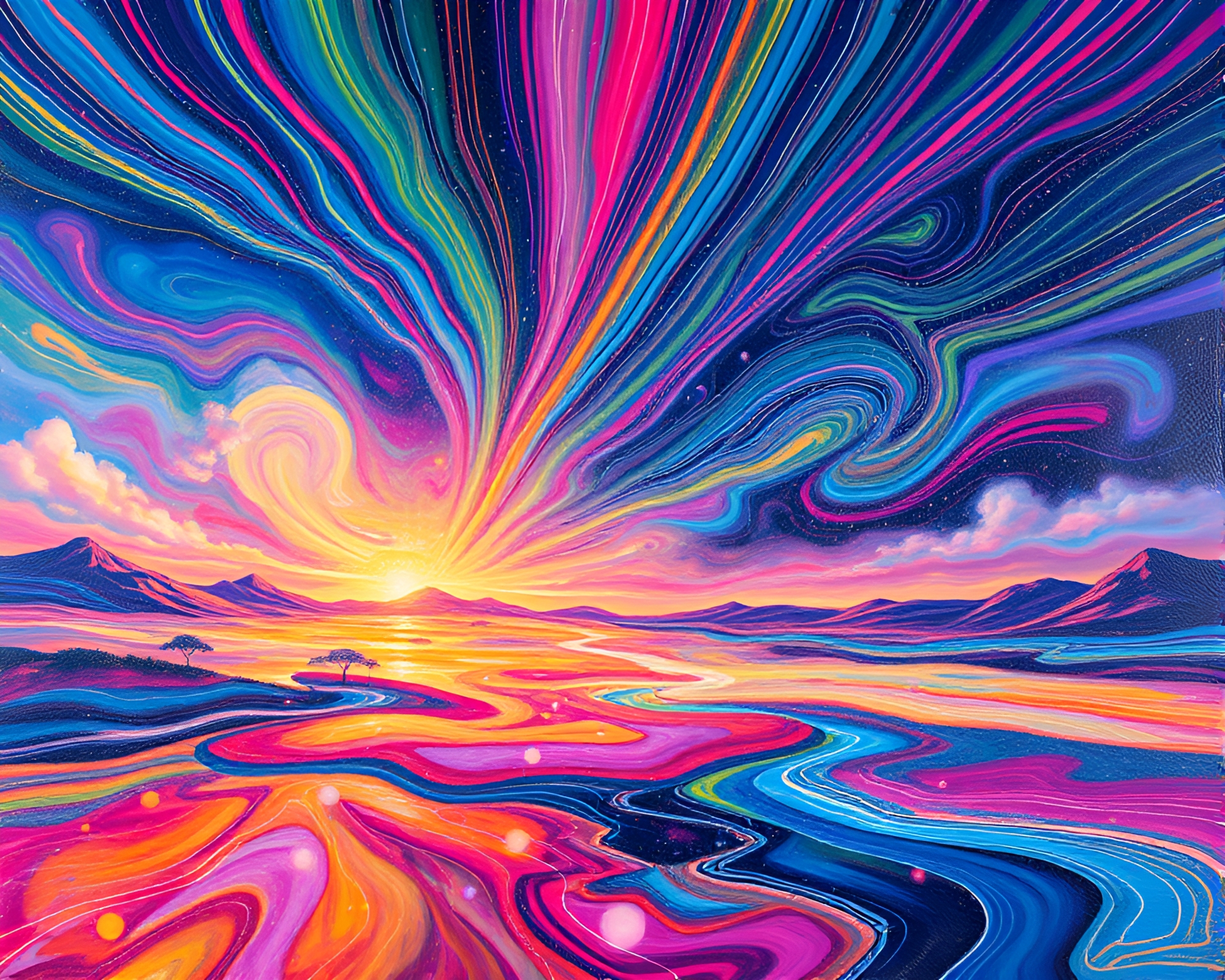 Dreamlike Landscape with Colorful Magnetic Field Lines – free AI stock image