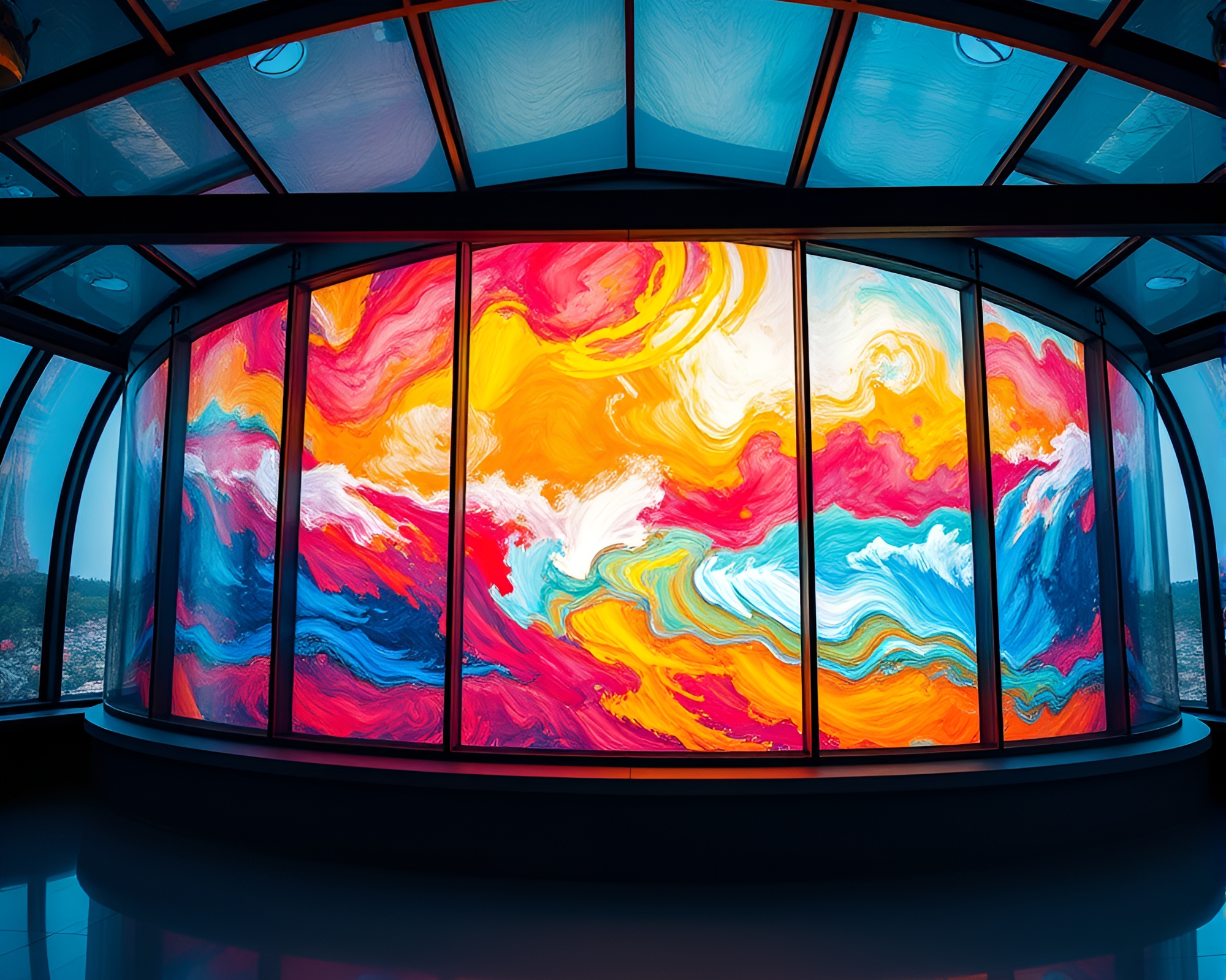 Glass-Walled Observatory with Vibrant Impressionism Painting – free AI stock image