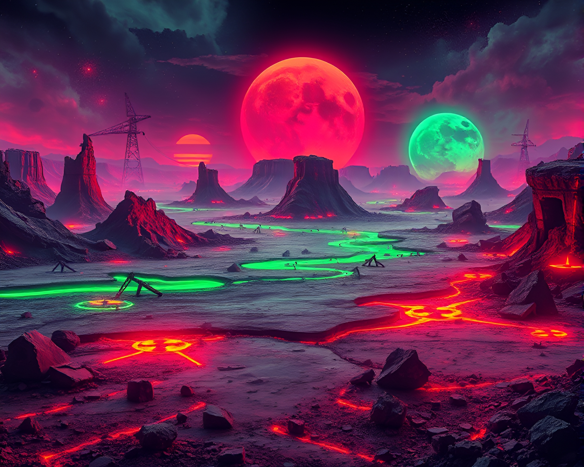Vibrant Neon-Colored Radioactive Wasteland Graphic Design Landscape – free AI stock image
