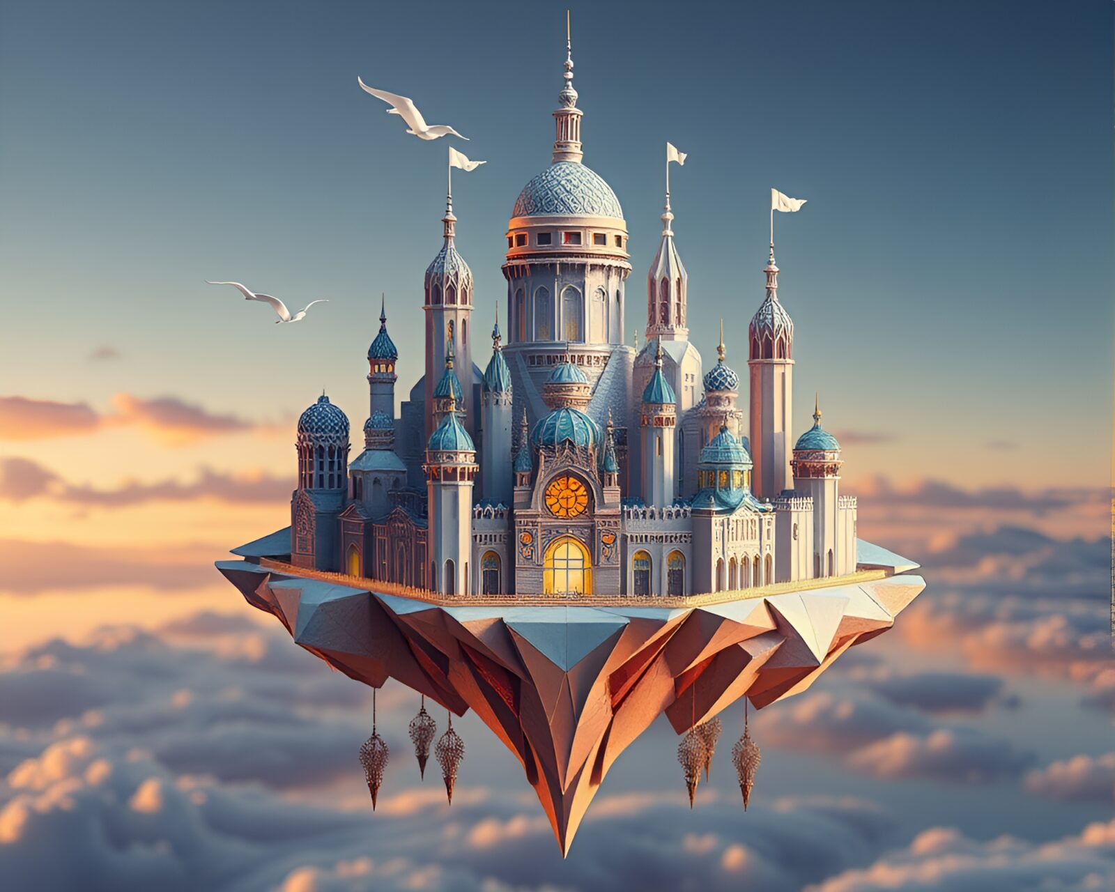 Serene floating city crafted from origami with detailed art deco adornments