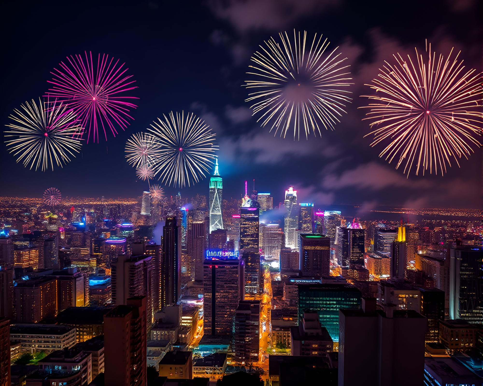 Dazzling Night Skyline Sparkling with Vibrant Fireworks Display – free AI stock image