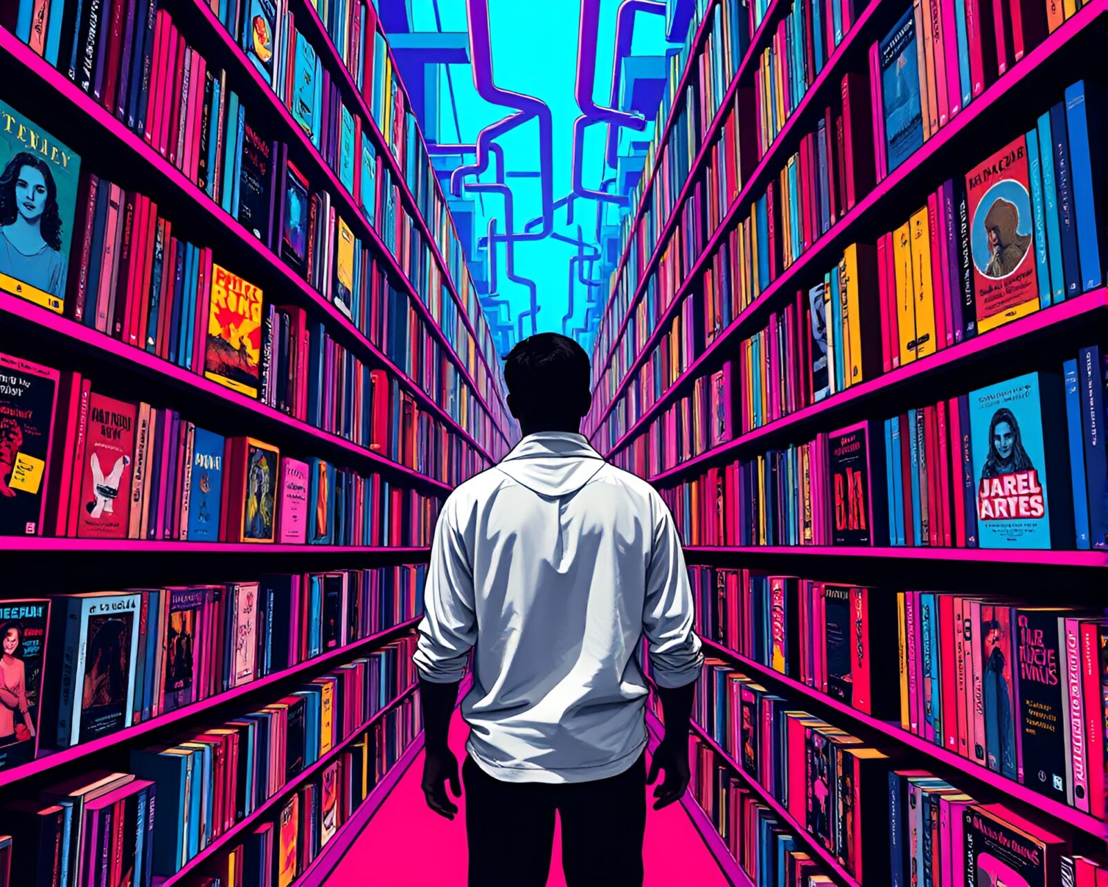Woman exploring vibrant Pop Art library maze with colorful book covers