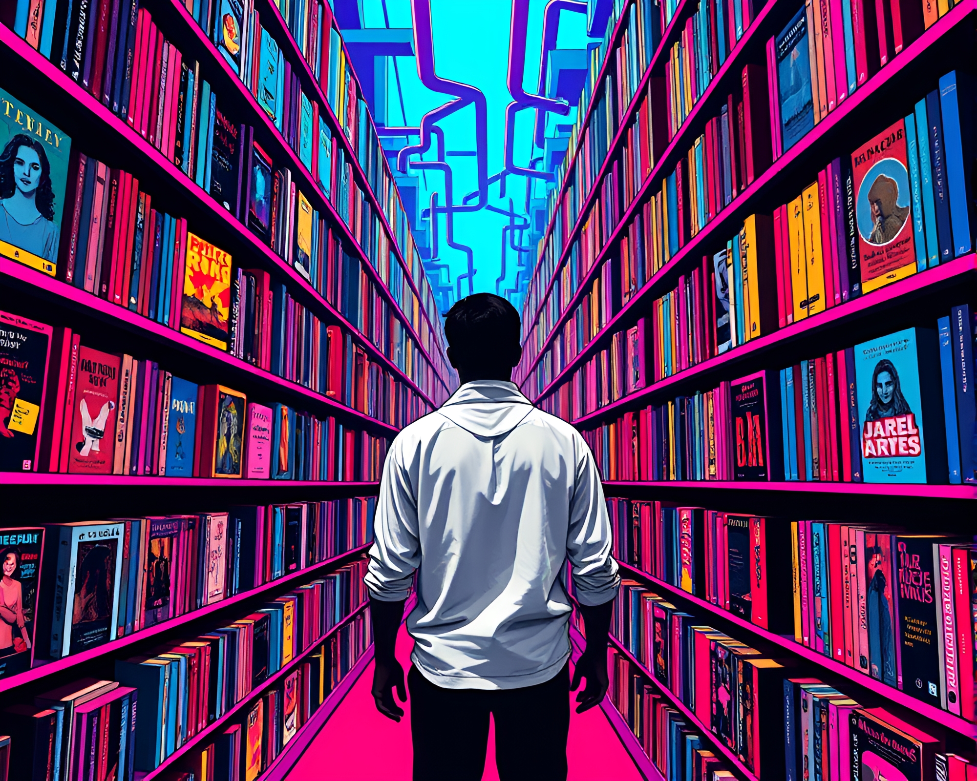 Colorful Pop Art Library Labyrinth Exploration – free AI stock image