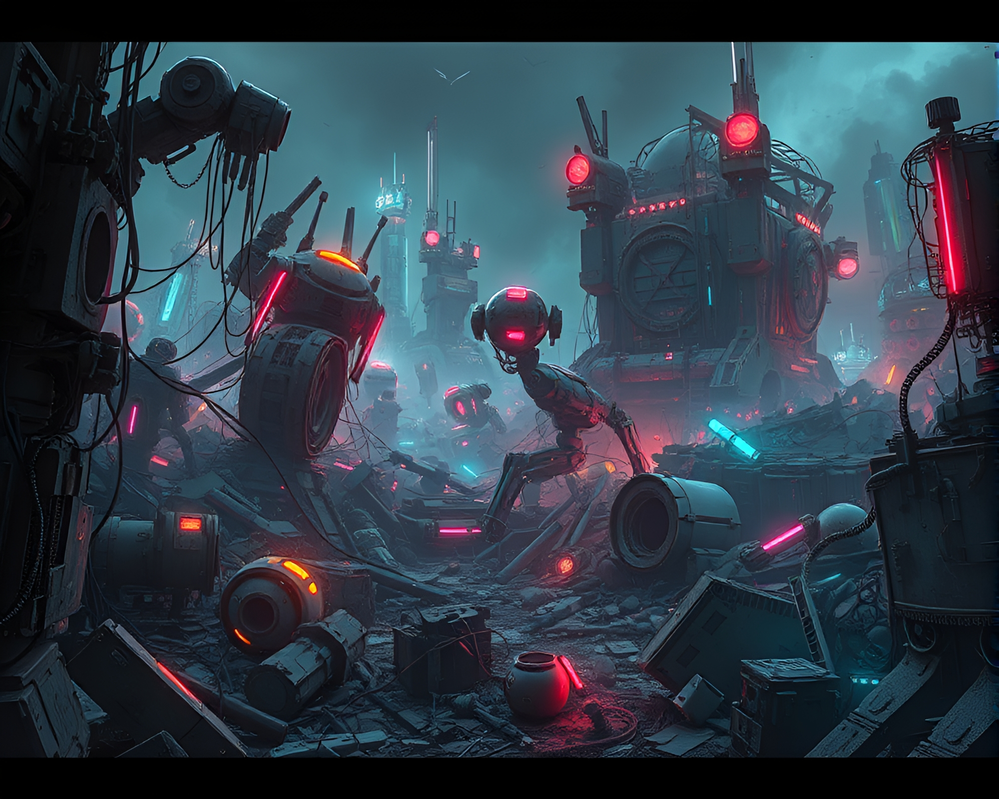 Eerie Dystopian Junkyard Illuminated by Neon Glitch Art – free AI stock image