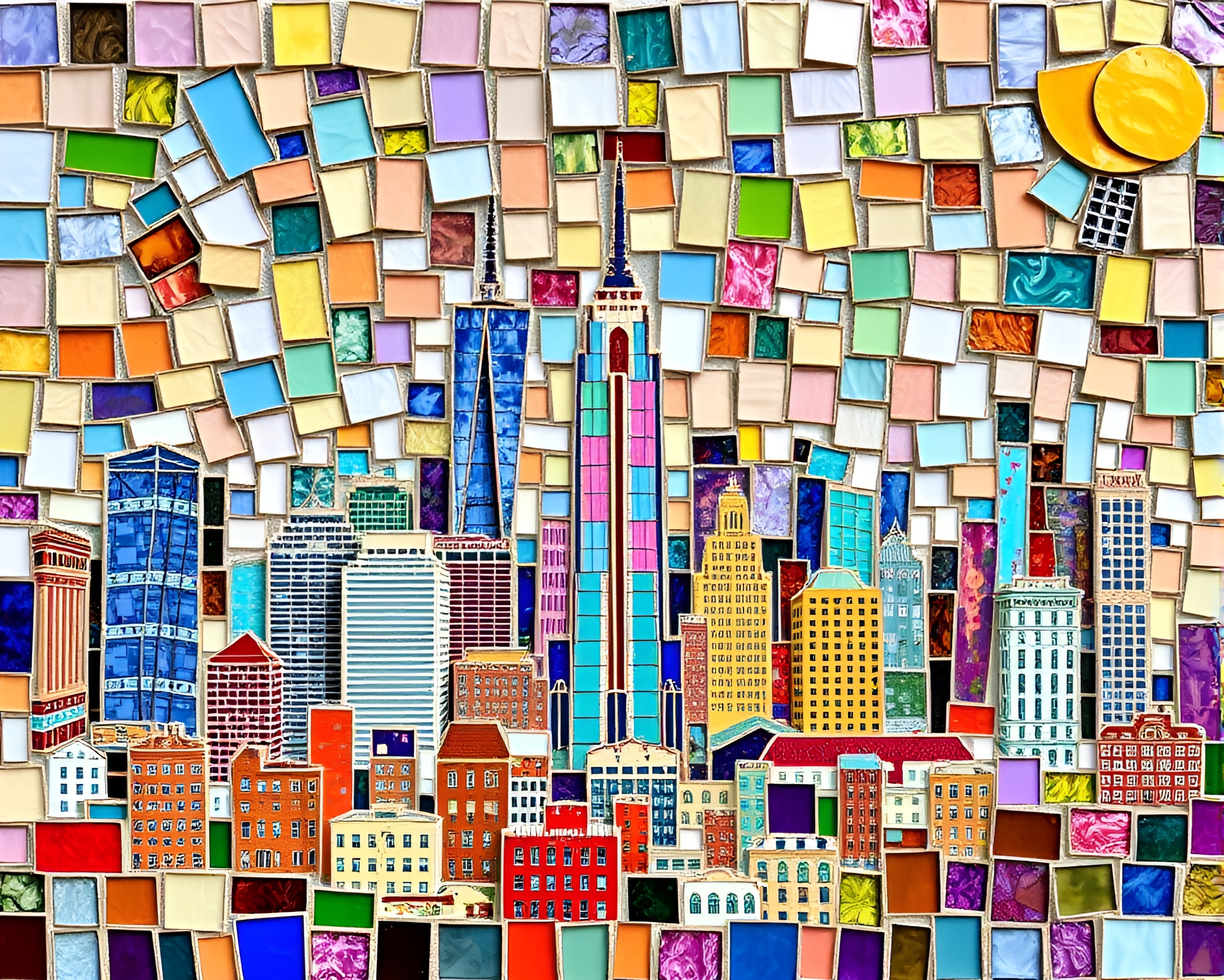 Whimsical Urban Skyline Mosaic Artwork – free AI stock image