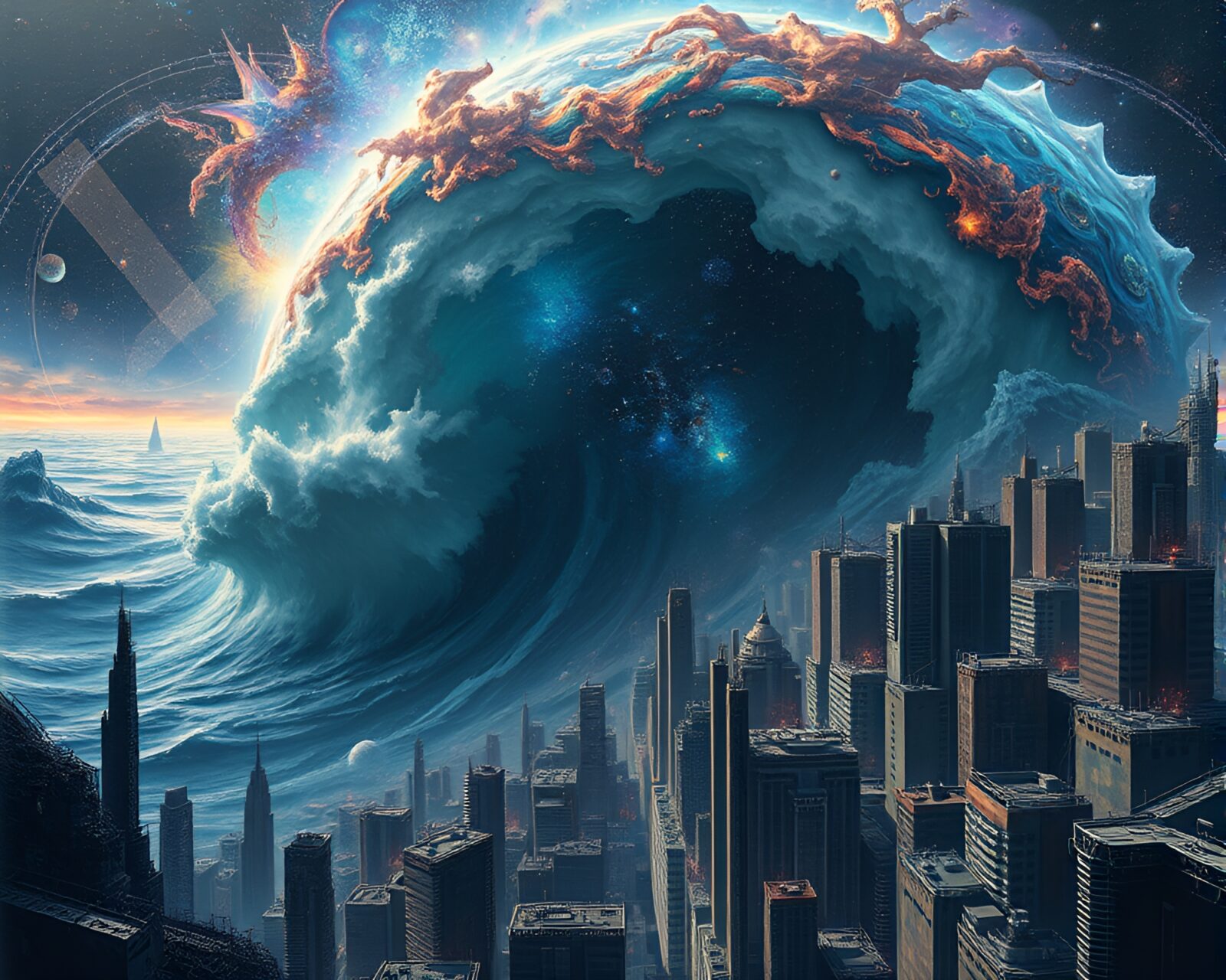 Vivid cosmic ocean and dystopian cityscape art piece