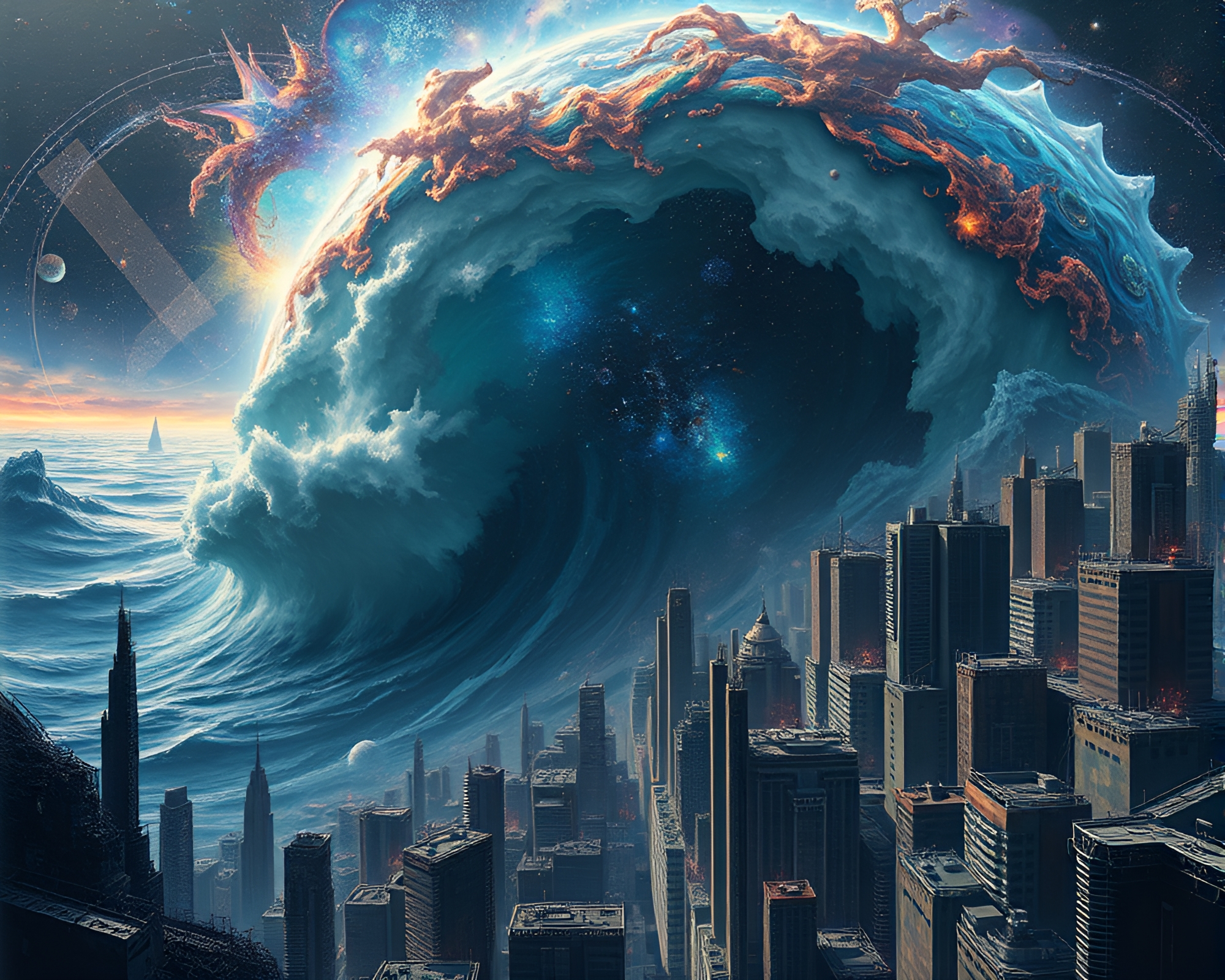 Surreal Cosmic Ocean and Dystopian Cityscape Fusion – free AI stock image