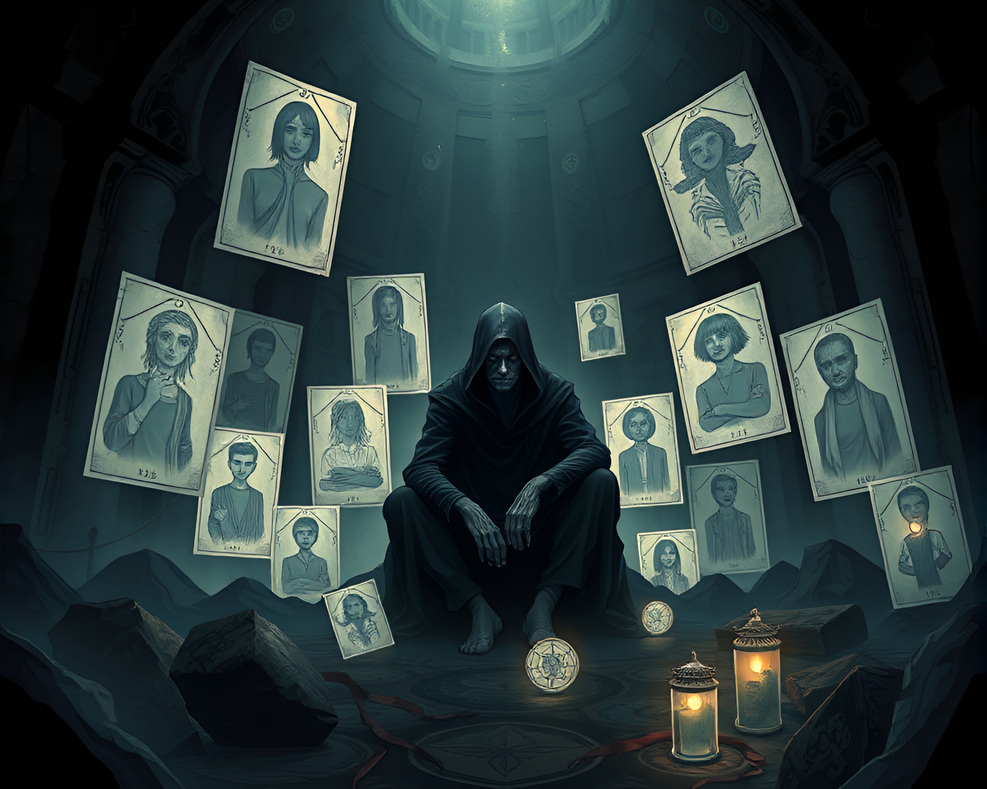 Enigmatic figure surrounded by floating memories in symbolic room – free AI stock image