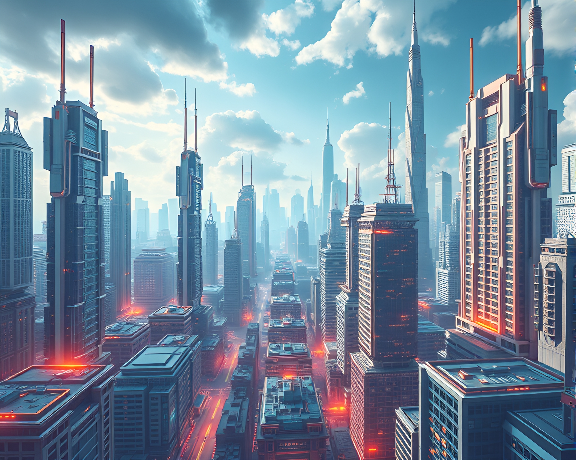 Futuristic Cityscape with Fractal Grid Pattern Towers – free AI stock image