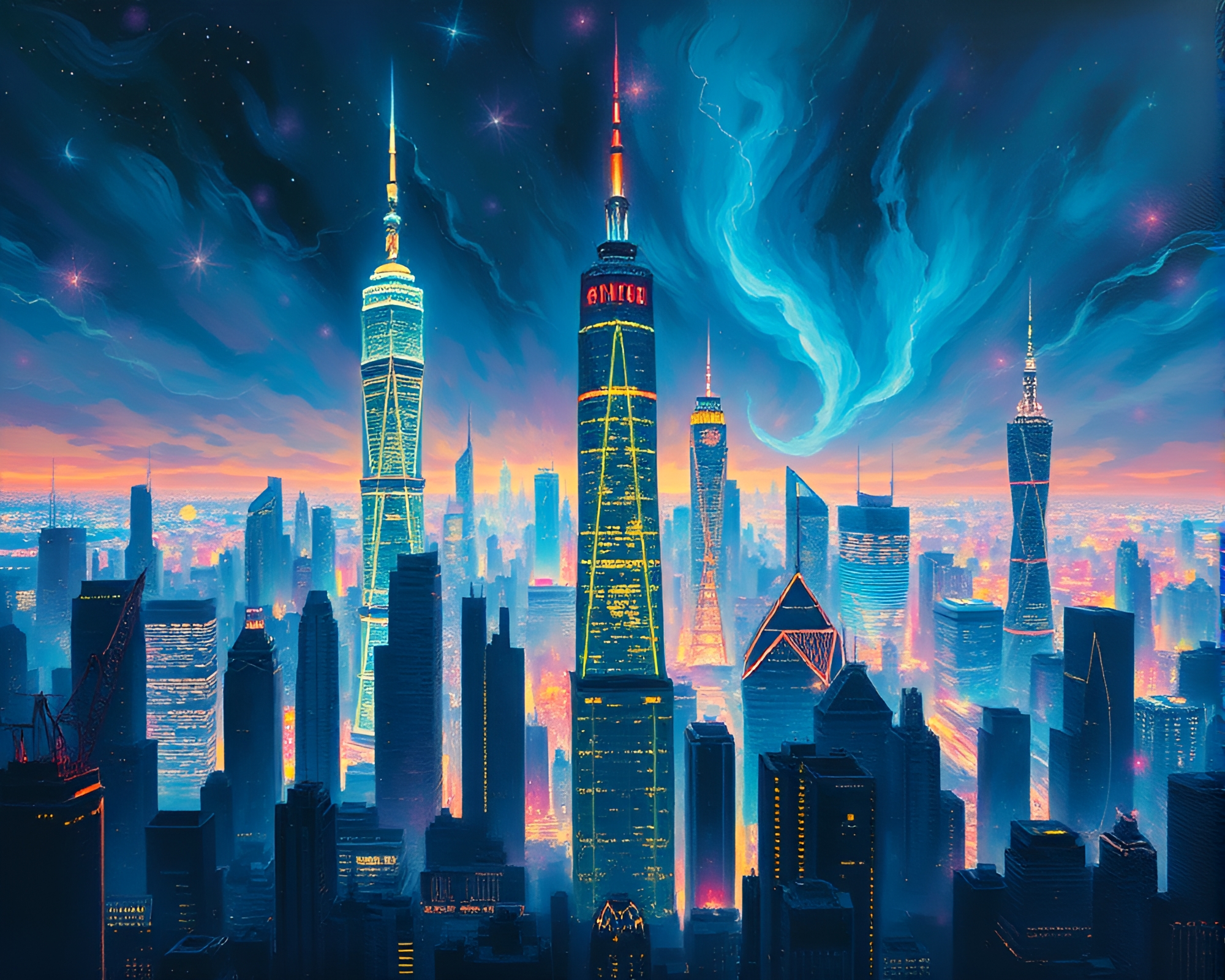 Ethereal Bioluminescent Cityscape Oil Painting – free AI stock image