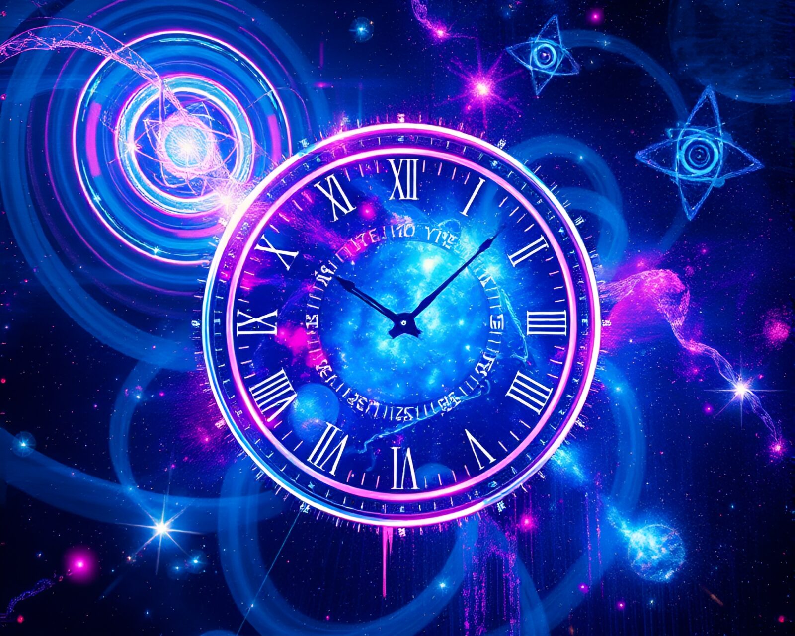 Eerie glitch art of cosmic clock face with swirling galaxies