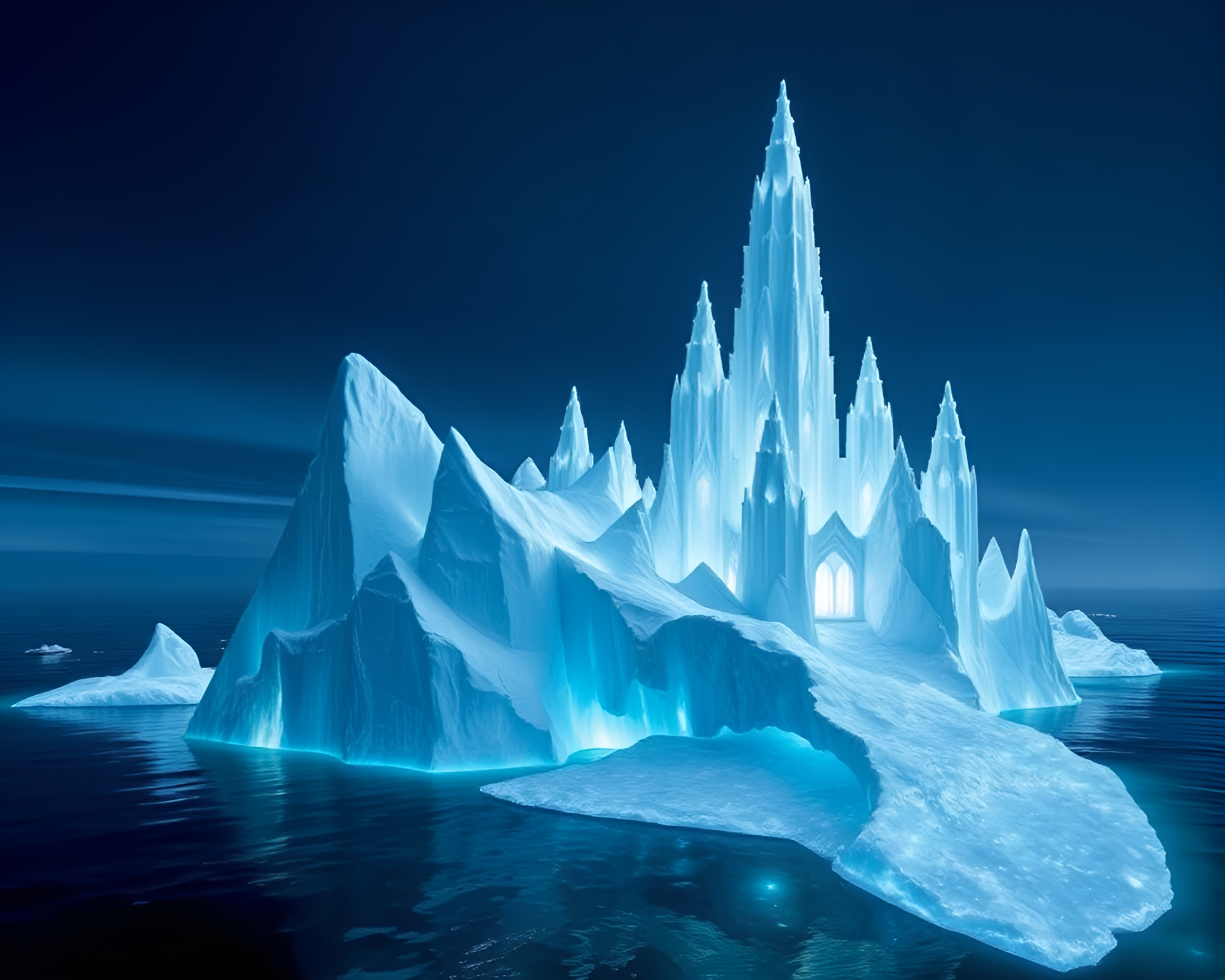 Ethereal Iceberg Cathedral Surrounded by Glowing Lights – free AI stock image
