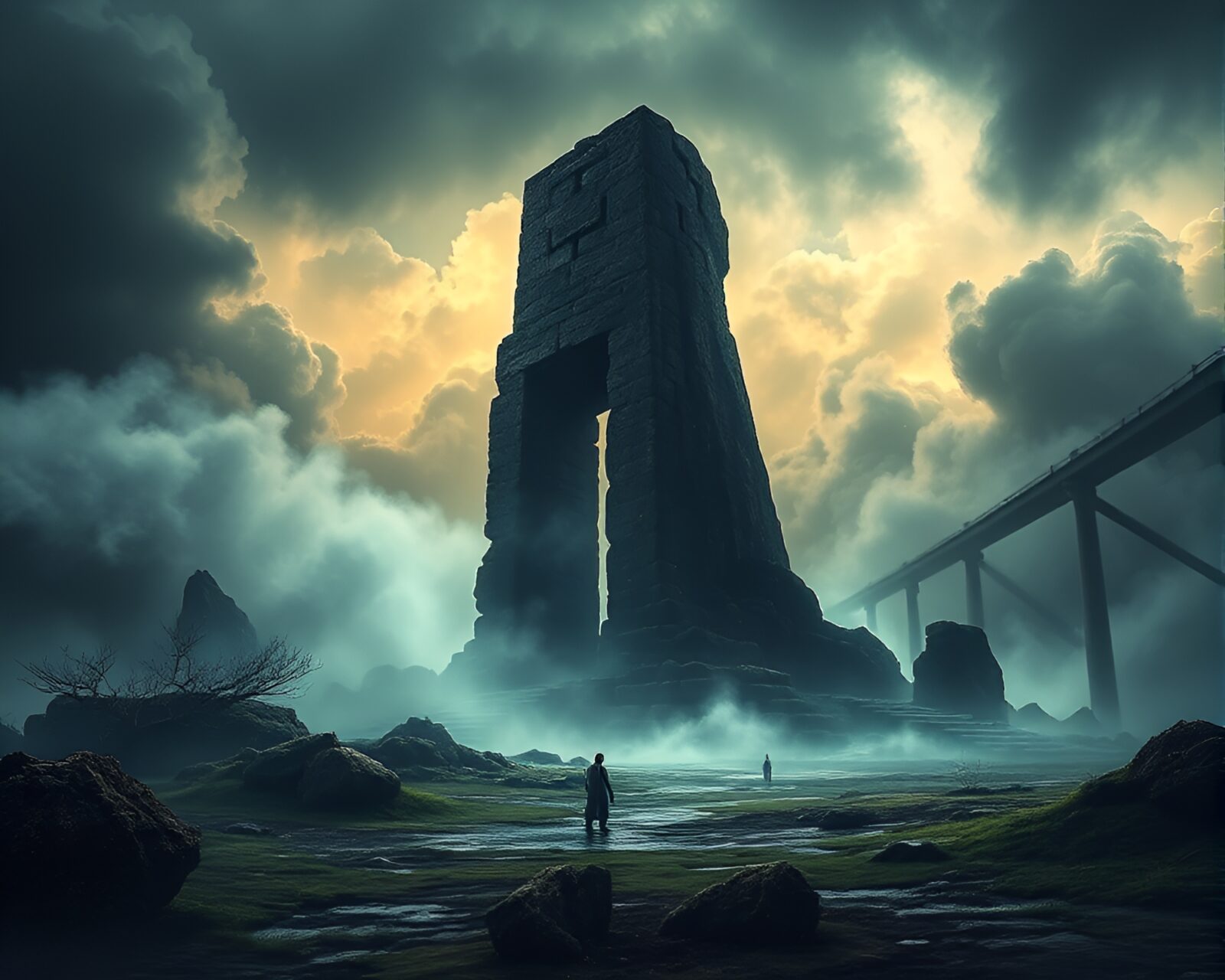 Ancient ruin amidst swirling mist and shadows in creative landscape