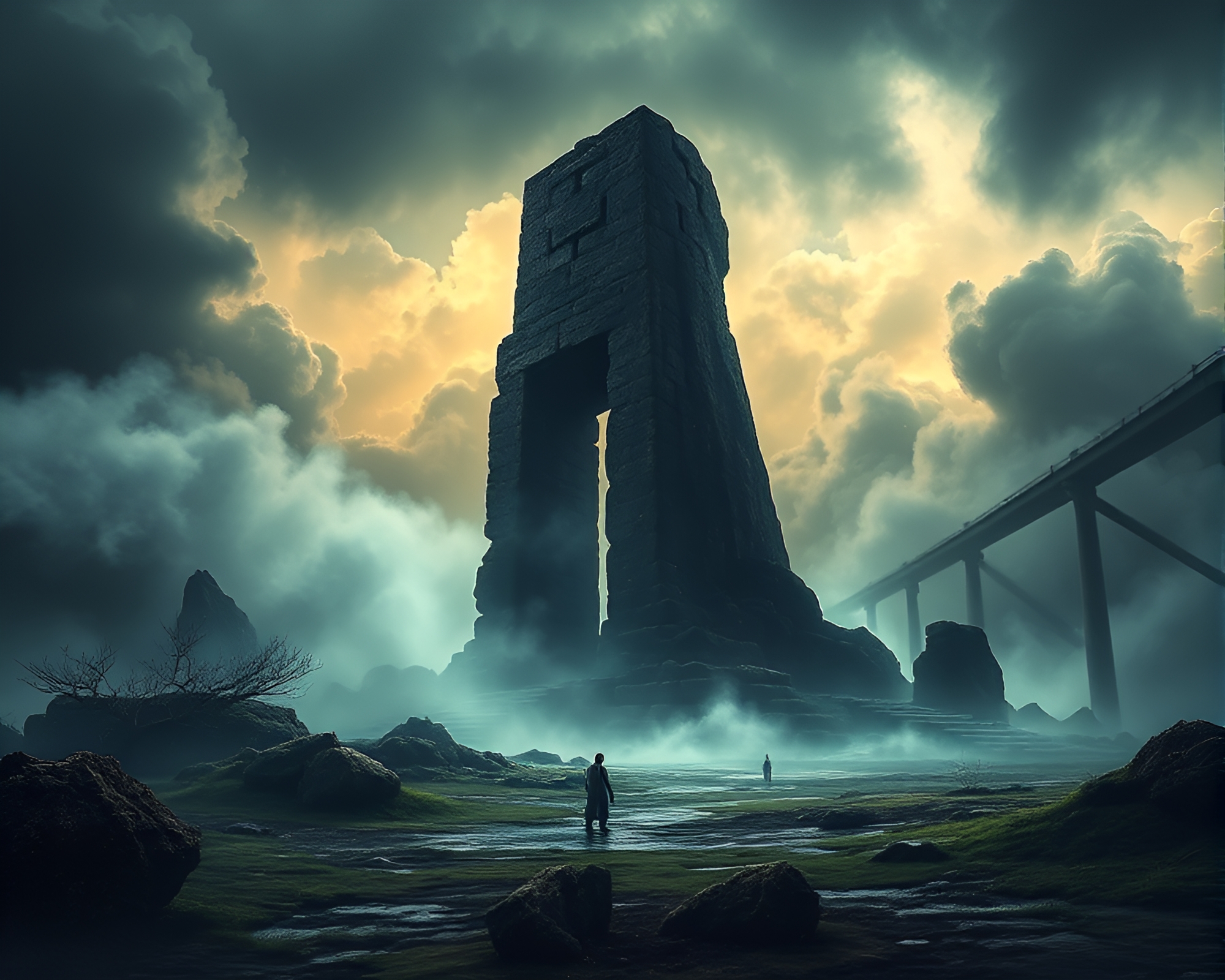 Eerie Monolithic Ruin Stands Tall in Misty Landscape – free AI stock image