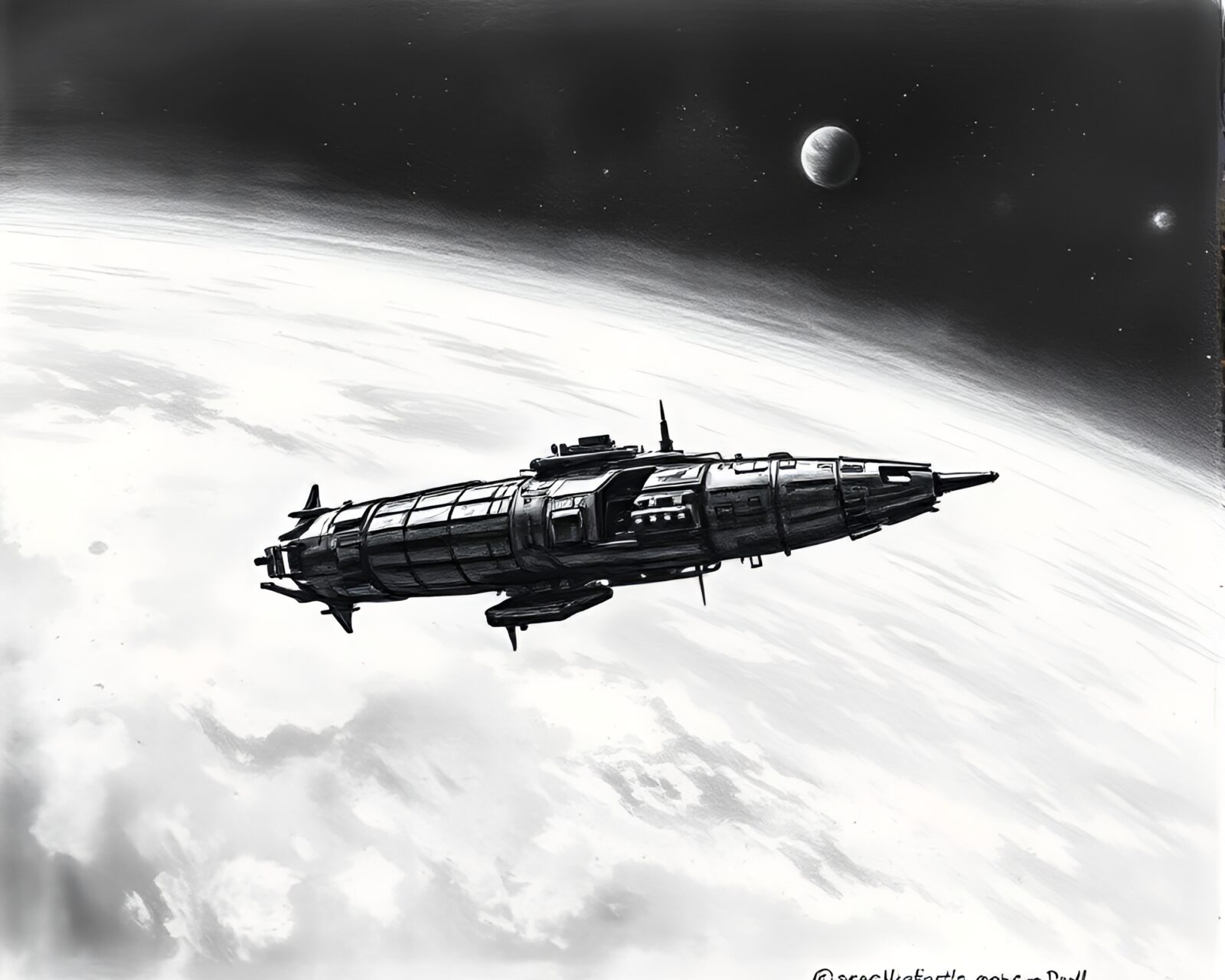 Eerie depiction of abandoned space station in charcoal art