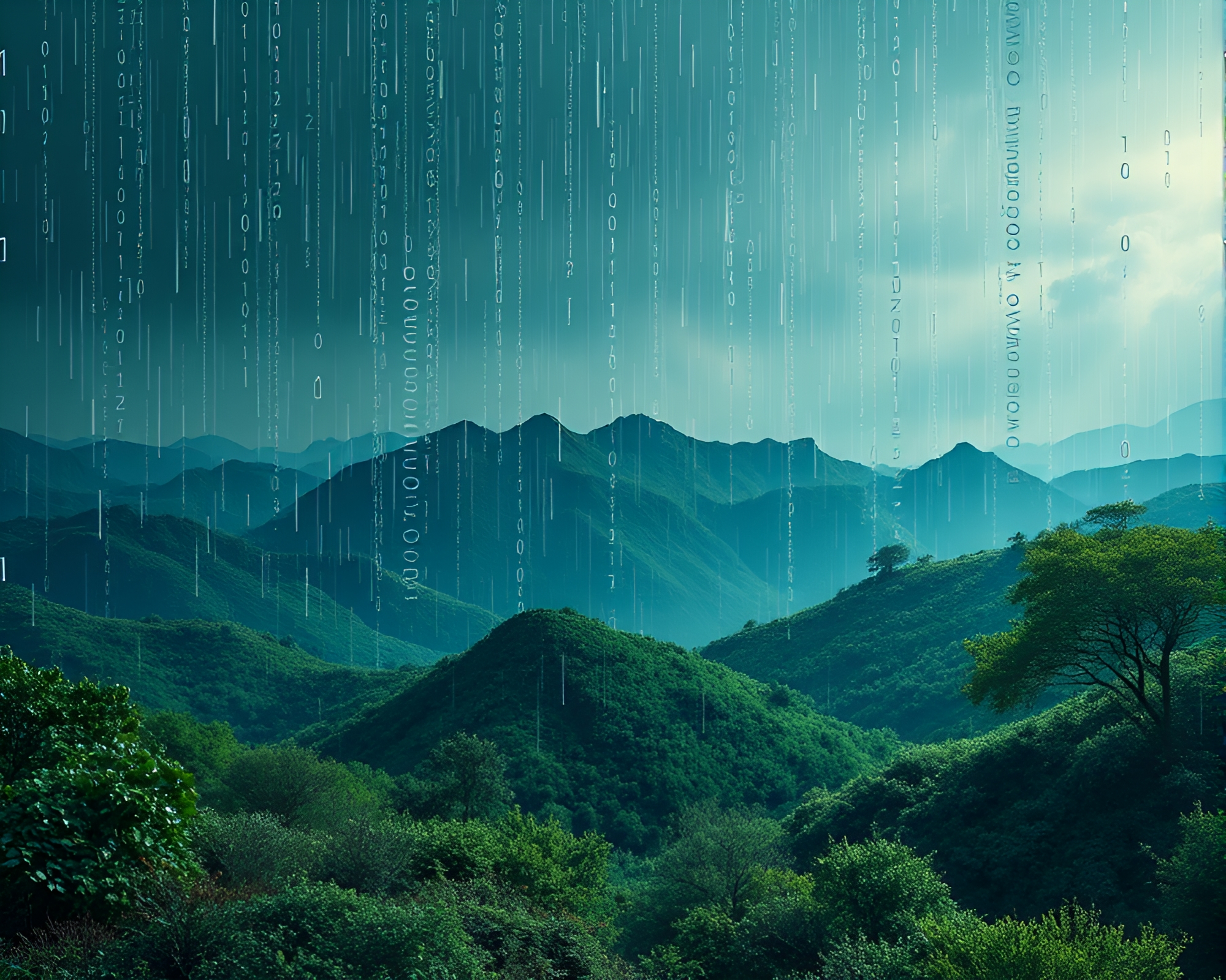 Futuristic Binary Code Rain in Surreal Landscape – free AI stock image