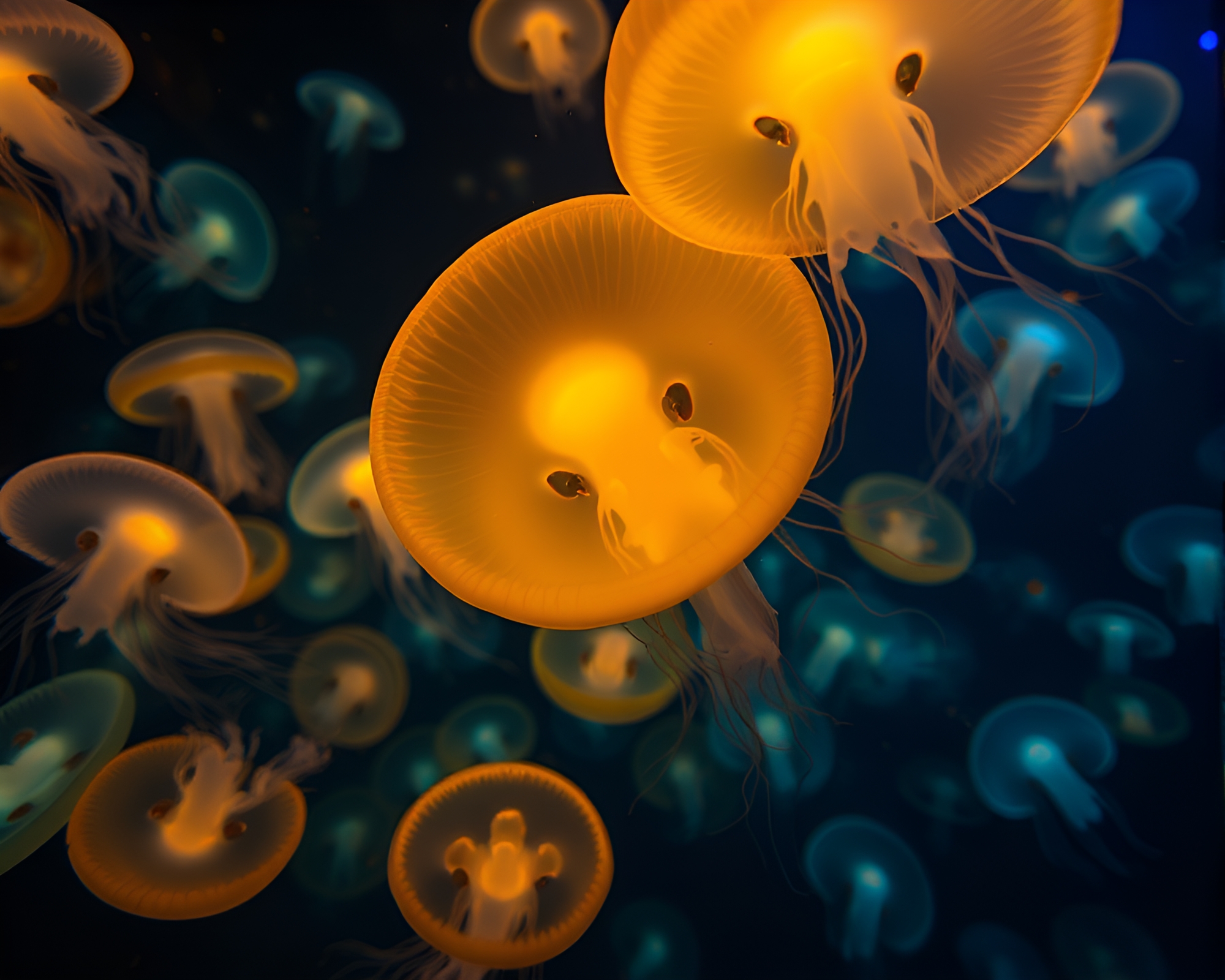 Glowing Jellyfish Swarm Illuminates Ocean Depths – free AI stock image