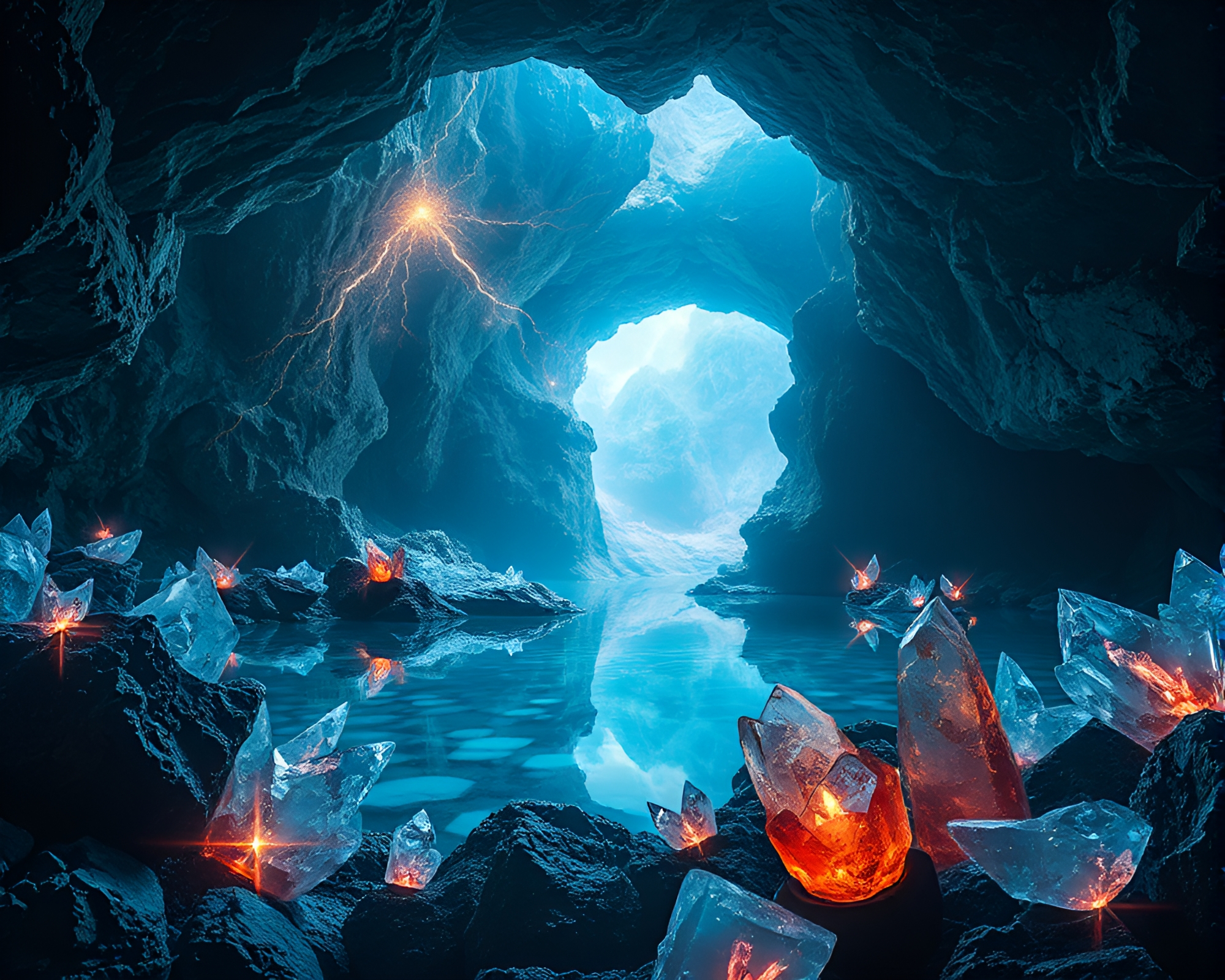 Subterranean Crystal Lake Surrounded by Glowing Crystals – free AI stock image