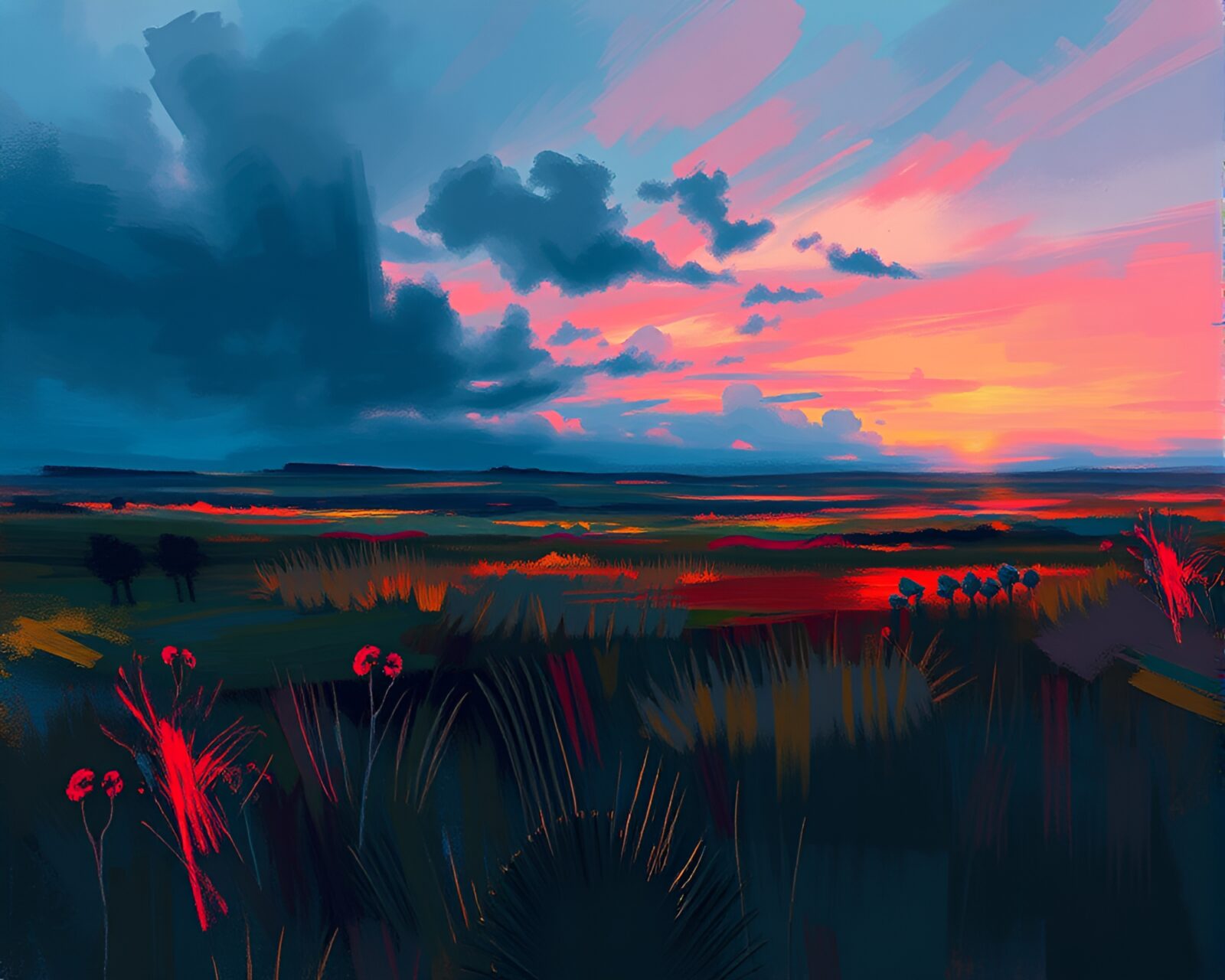 Detailed brush strokes create spectral battlefield in vibrant colors