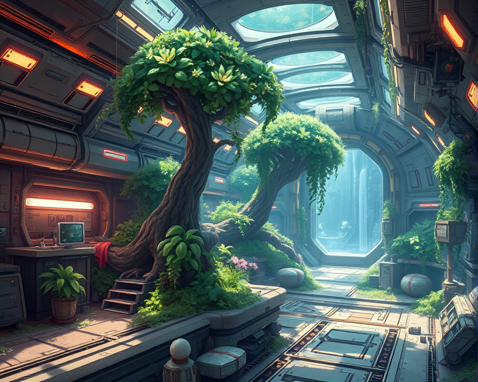 Abandoned space station with anime aesthetic surrounded by greenery