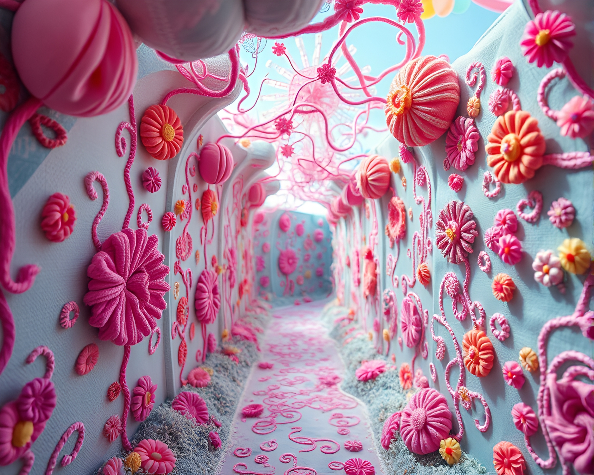 Whimsical Candy-Colored Maze with Serene Embroidery Patterns – free AI stock image