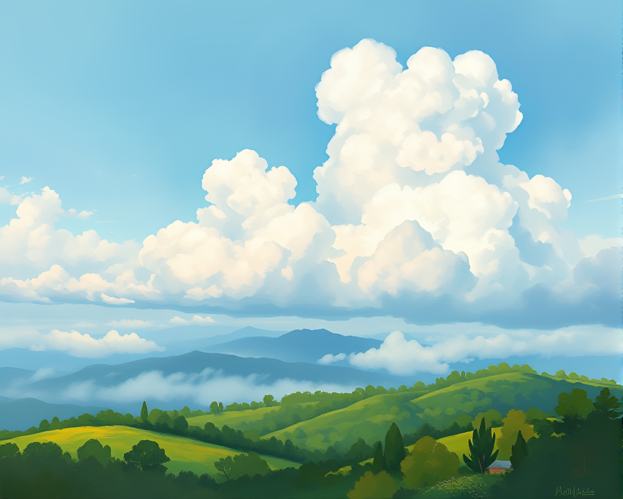 Ethereal Clouds Over Lush Landscape Gouache Illustration – free AI stock image