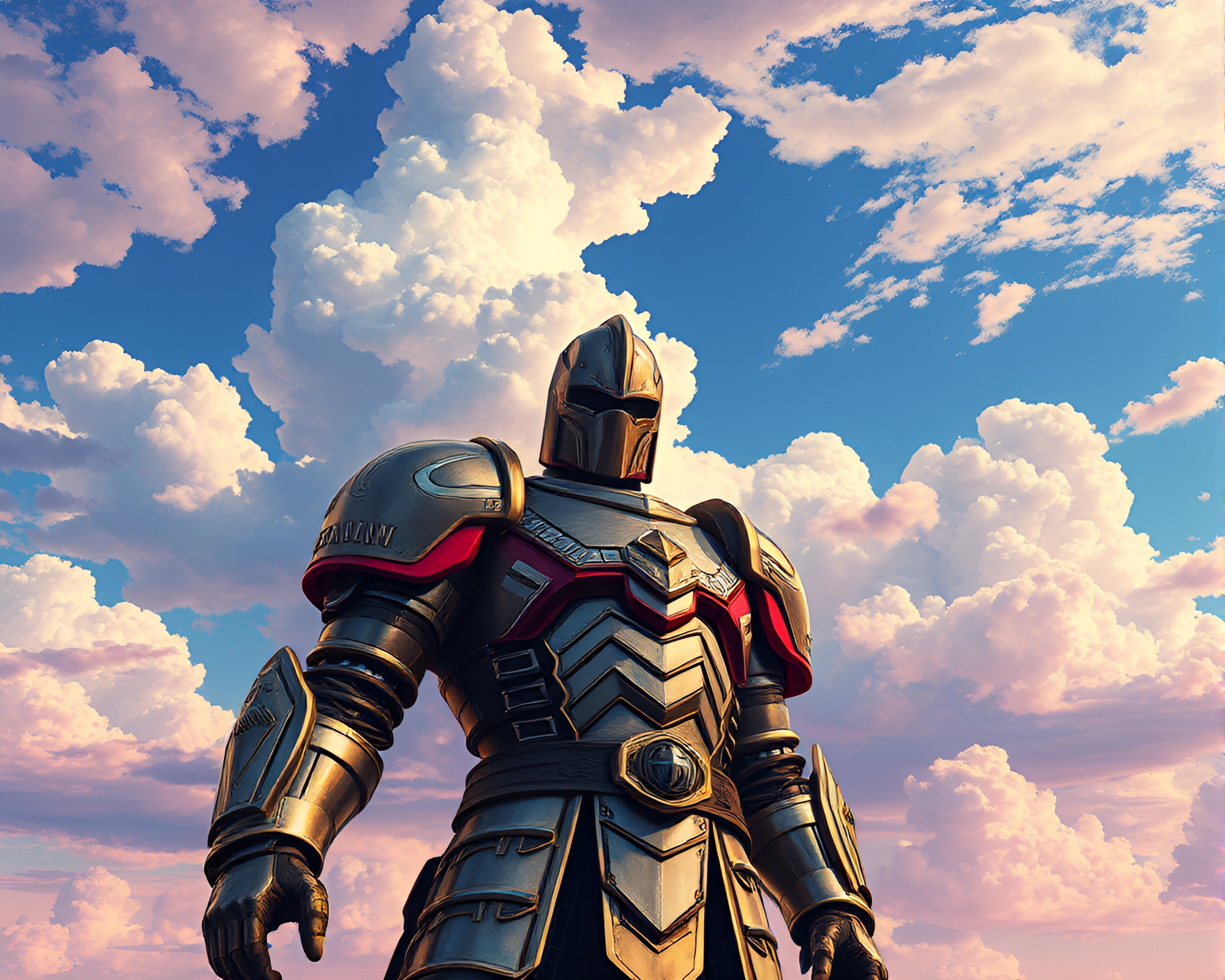 Iron-Clad Soldier in Pixelated Sky: War and Whimsy – free AI stock image
