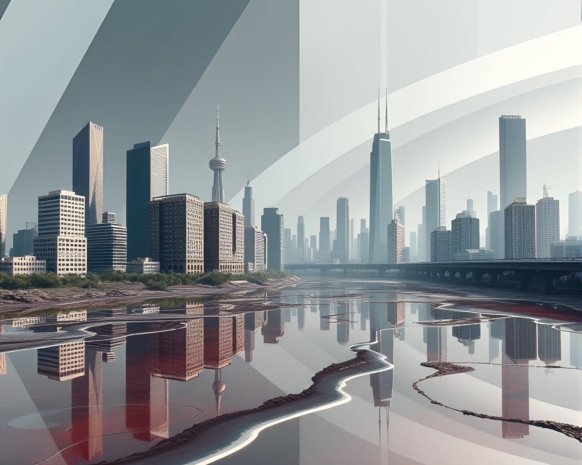 Futuristic Cityscape with Mercury River Reflections – free AI stock image