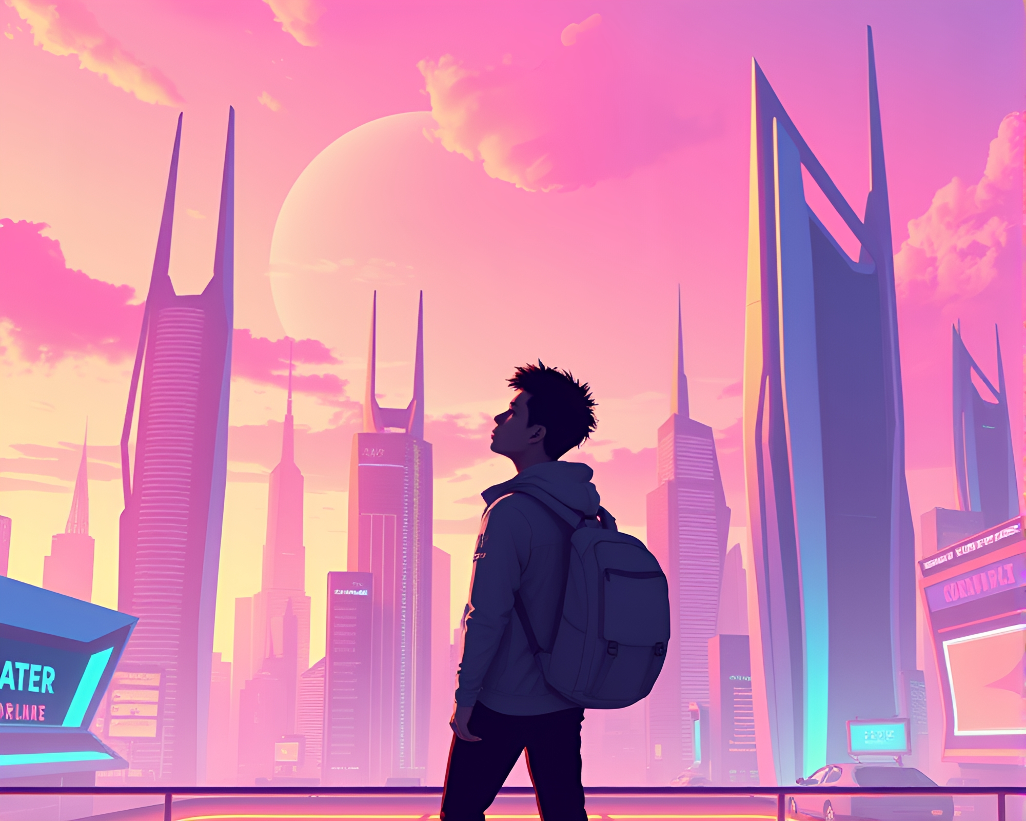 Contemplative figure in futuristic metropolis at sunset – free AI stock image