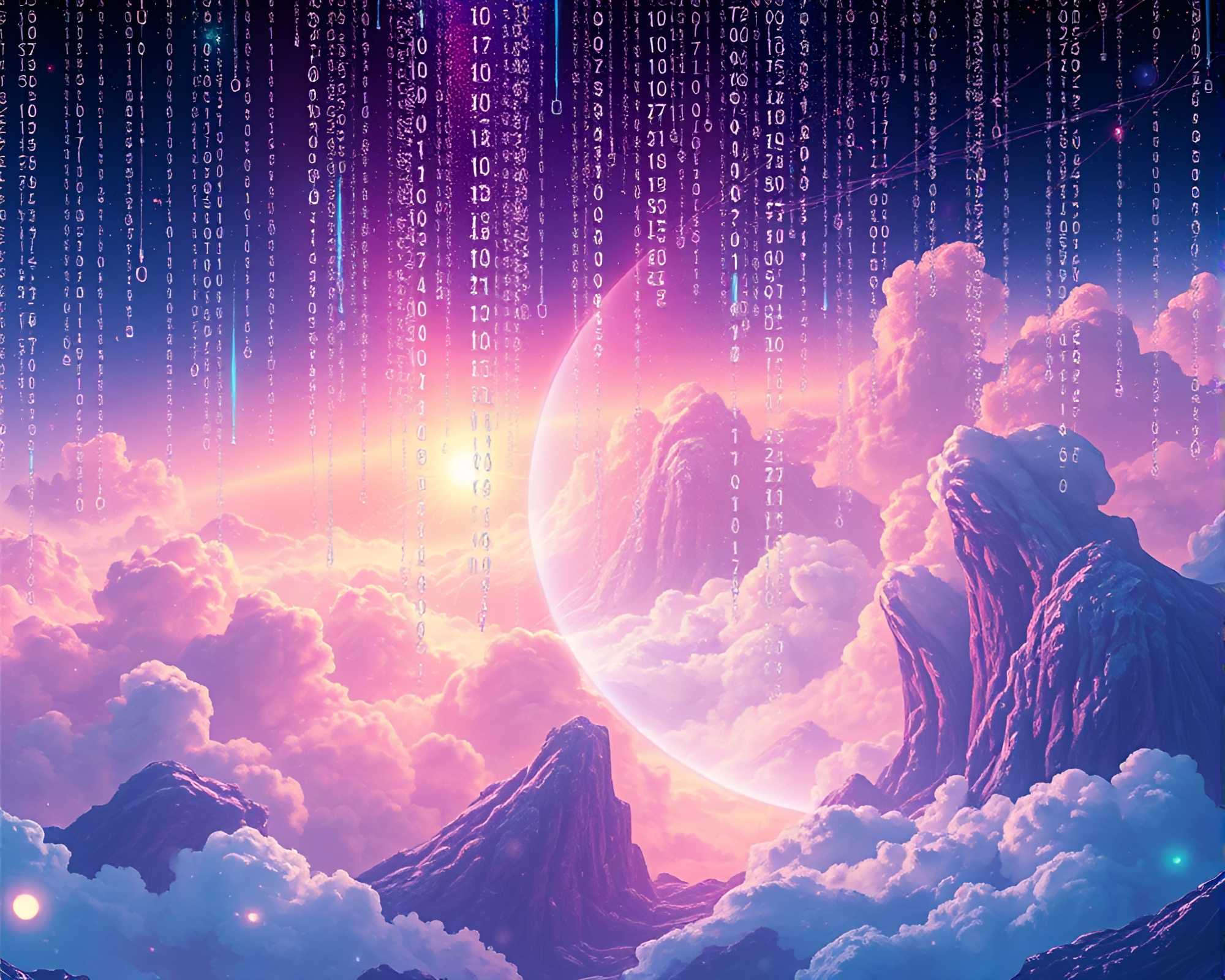 Ethereal Binary Code Rain Illuminates Surreal Illustration – free AI stock image