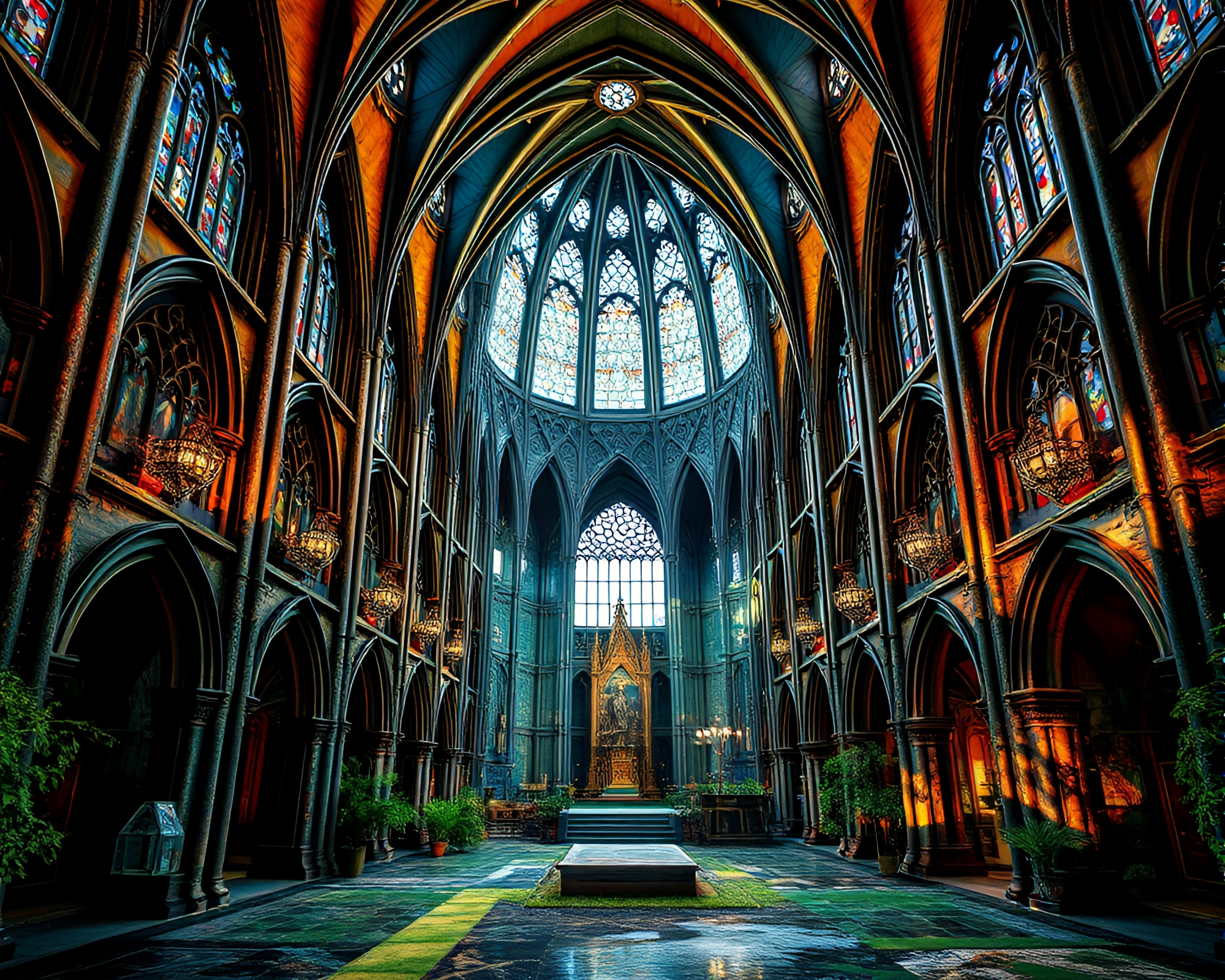 Surreal Gothic Cathedral Interior Photomontage Collage – free AI stock image