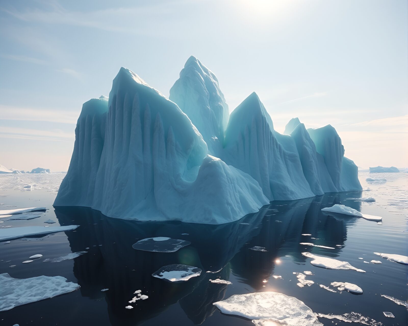 Drifting iceberg shaped like a cathedral with intricate reflections