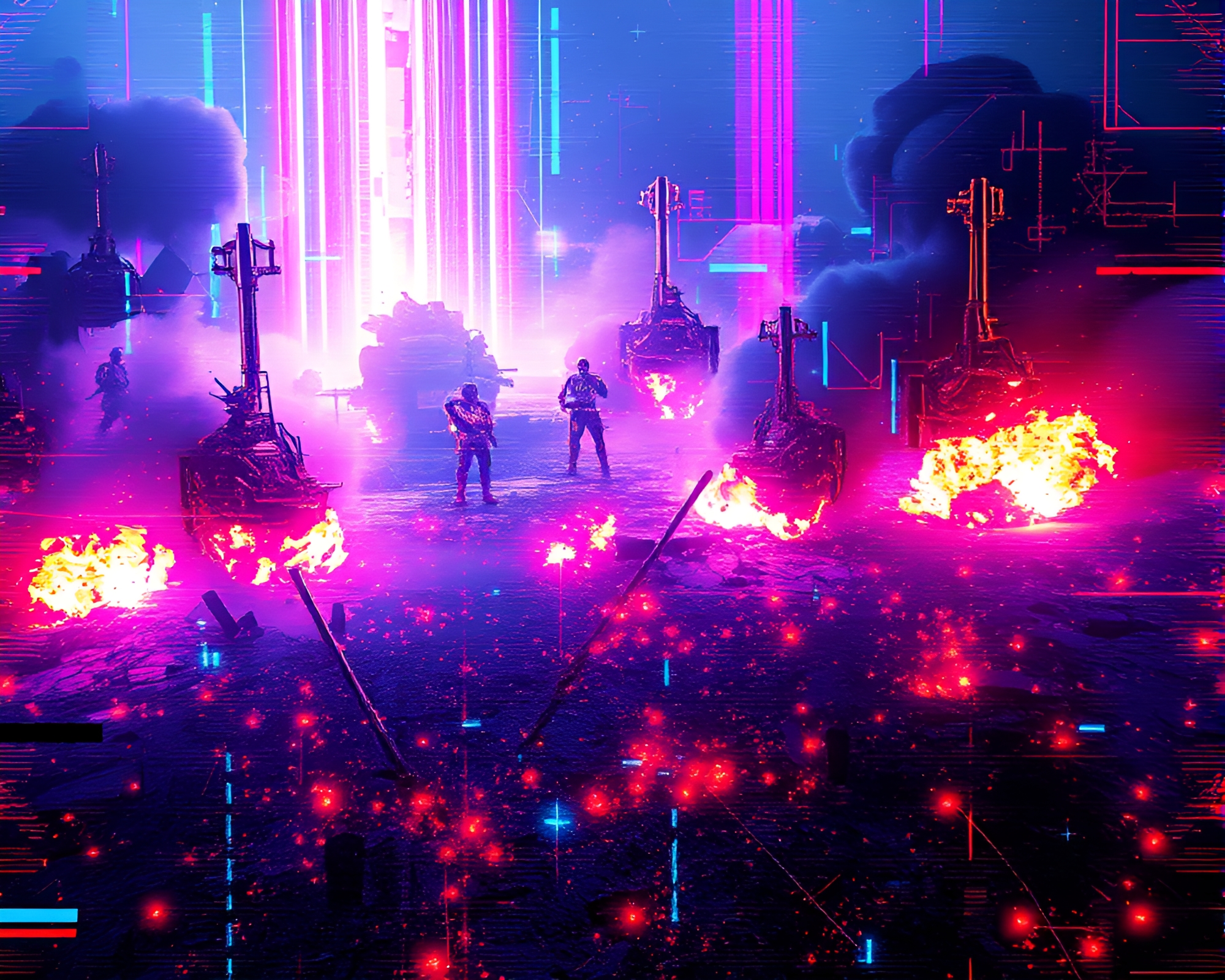 Spectral Battlefield: Chaotic Warfare with Glitch Art Elements – free AI stock image
