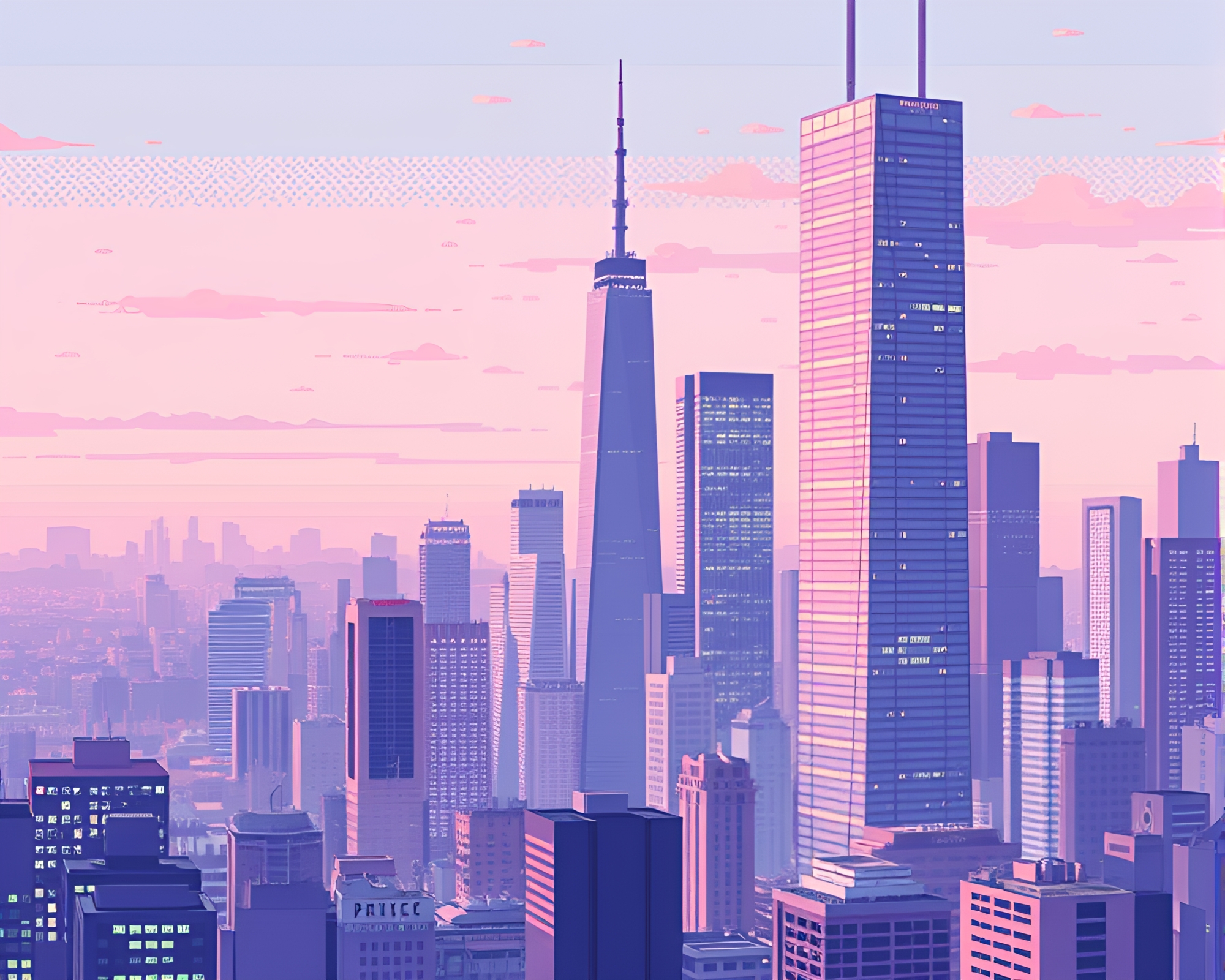 8-bit glitch art skyline over pastel twilight metropolis – free AI stock image