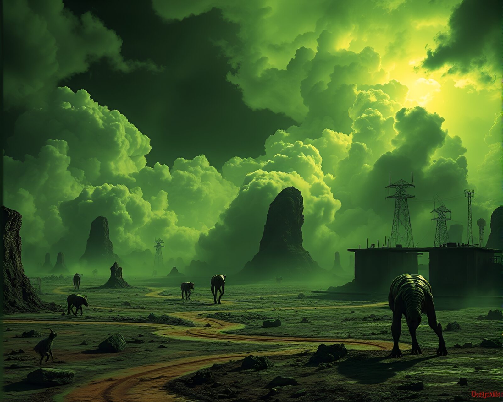 Apocalyptic scene with toxic clouds and mutated creatures