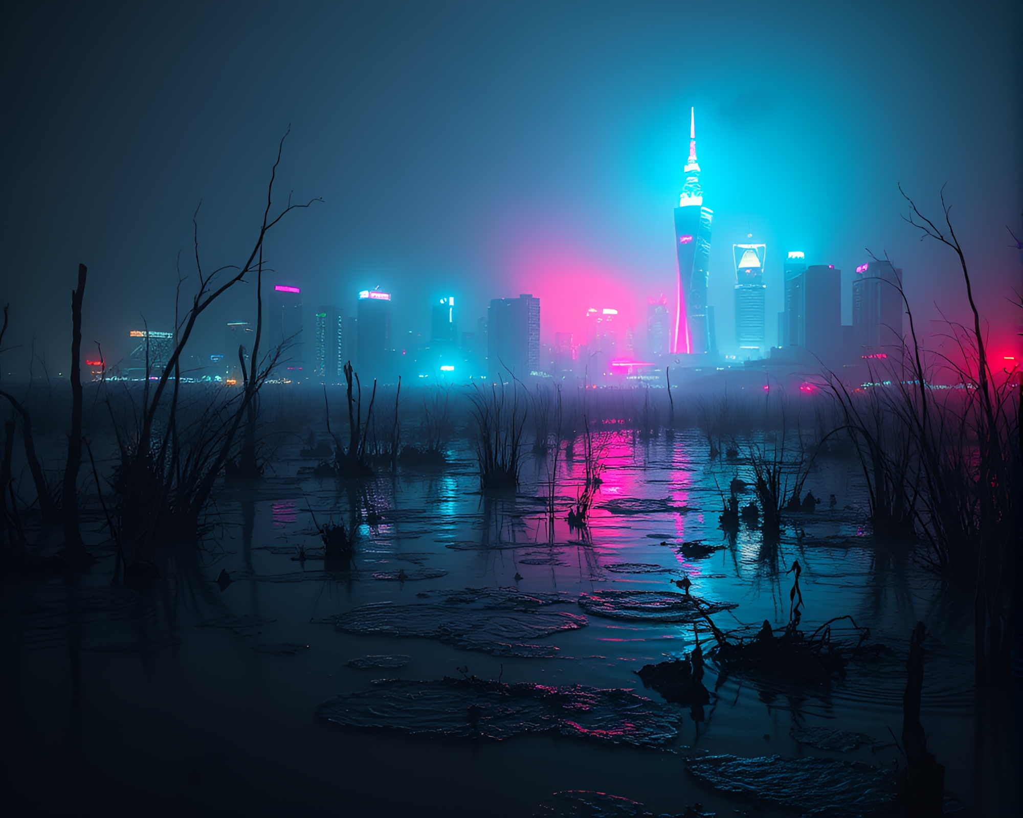 Phantasmal Marsh with Dystopian Cityscape – free AI stock image
