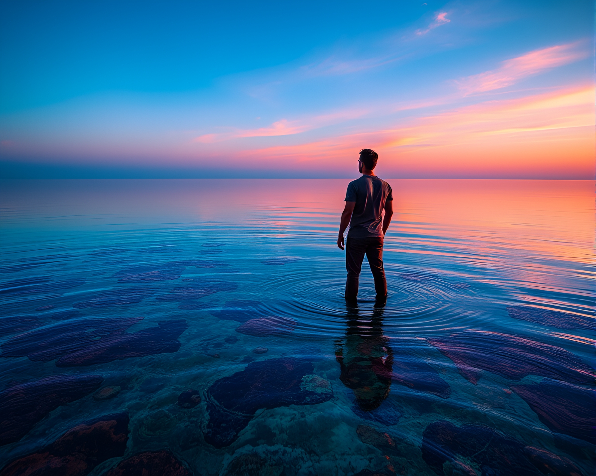 Contemplative Figure on Vibrant Horizon – free AI stock image
