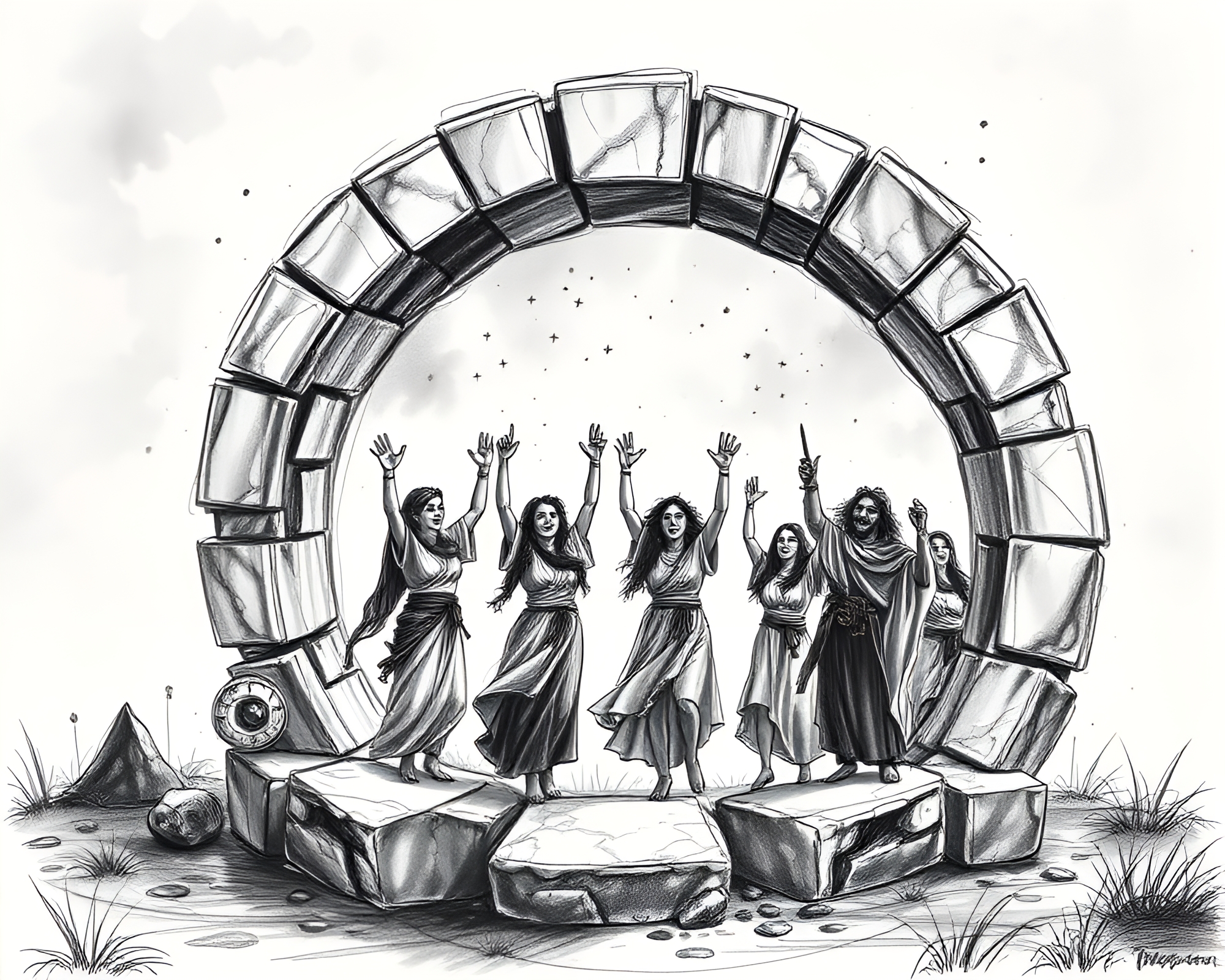 Mystical Druids Dancing in Joyous Stone Circle Celebration – free AI stock image