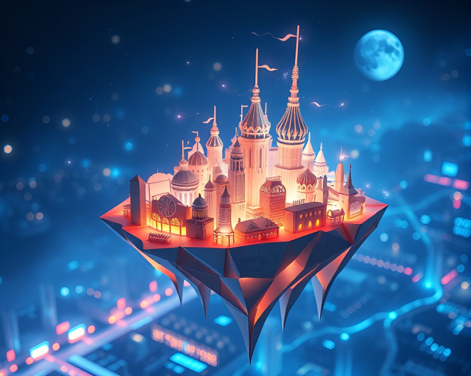 Beautiful 3D rendering of origami city illuminated with vibrant electric charge