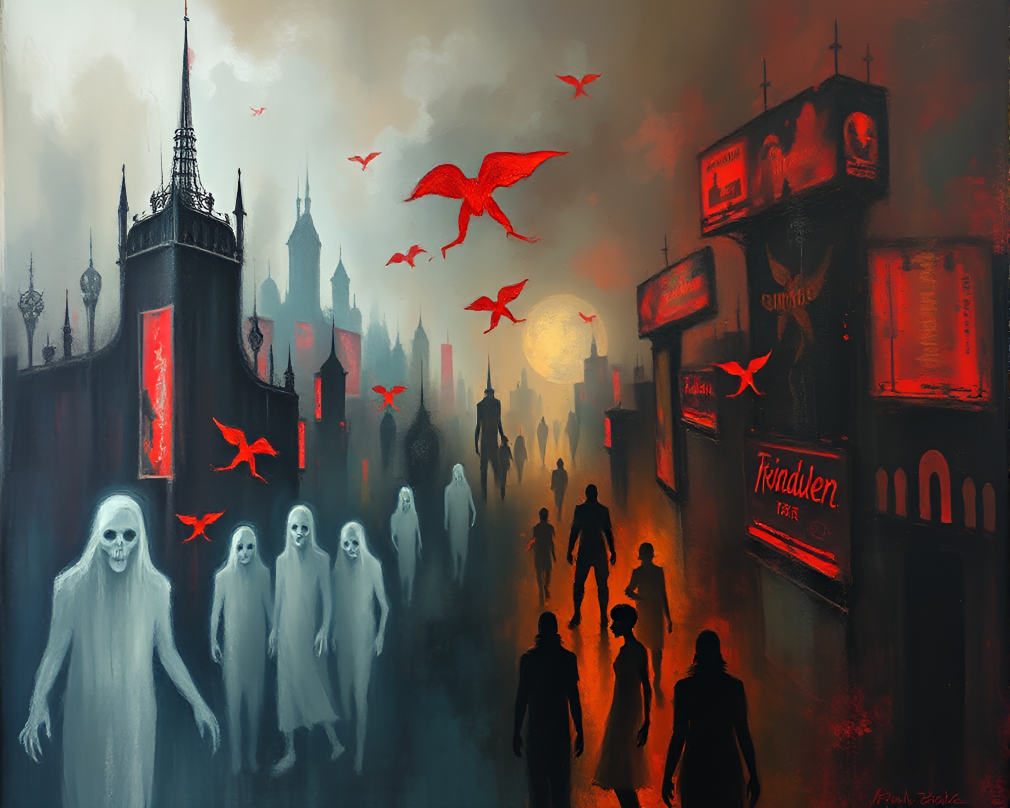 Surreal Cityscape with Ghostly Figures in Shadows – free AI stock image