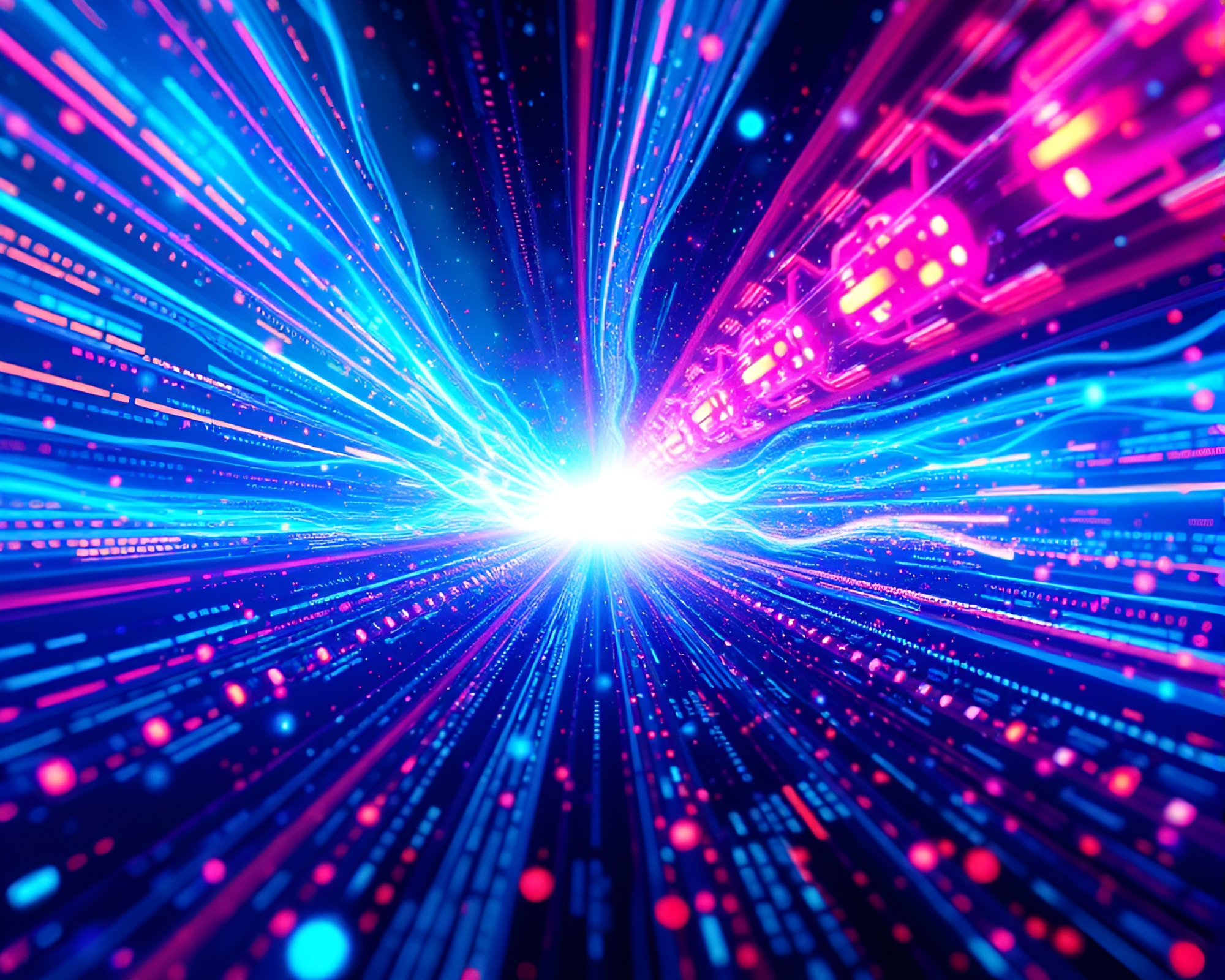 Digital Data Stream Transforming into Cosmic Elements Concept – free AI stock image