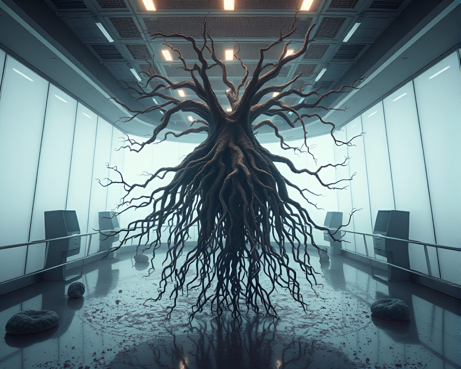 Floating roots intertwined in eerie, modern landscape artwork