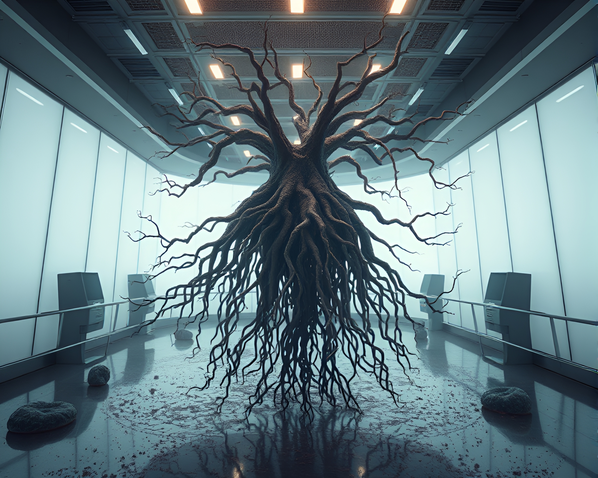 Ethereal Roots Network in Modern Surreal Landscape – free AI stock image