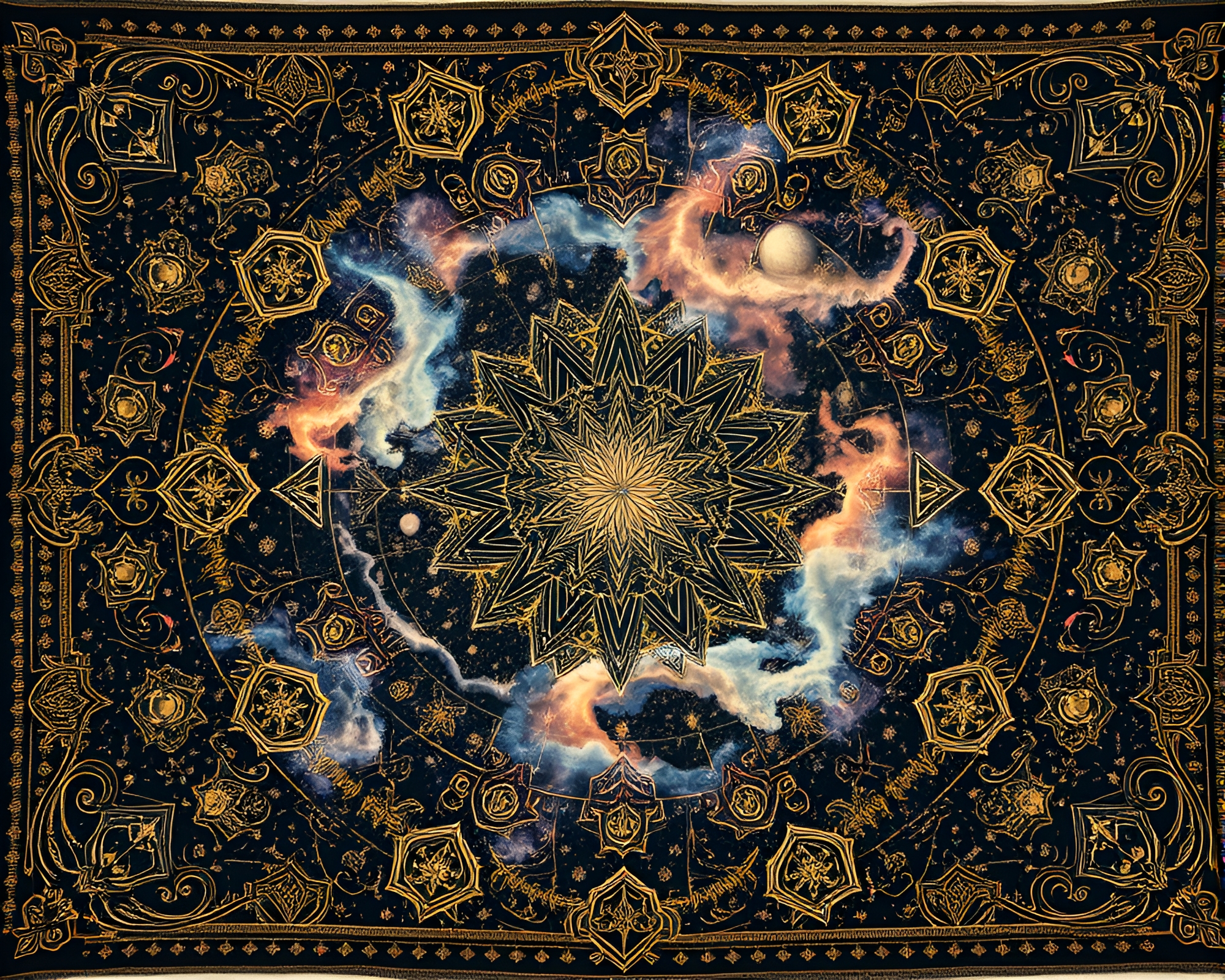 Melancholic Cosmic Tapestry: Ancient Mythology and Celestial Wonders – free AI stock image