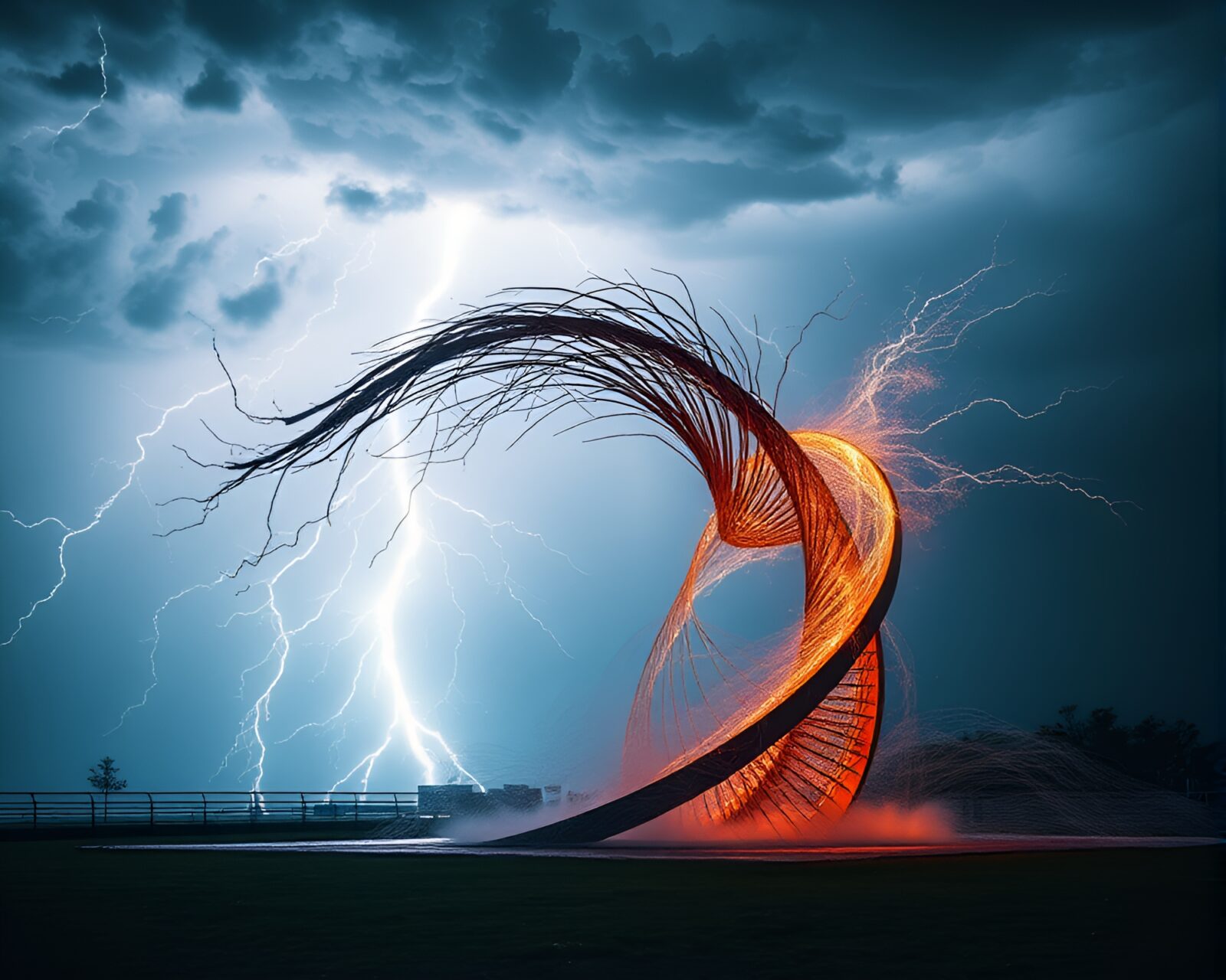 Eerie glow from electric storm front on kinetic sculpture