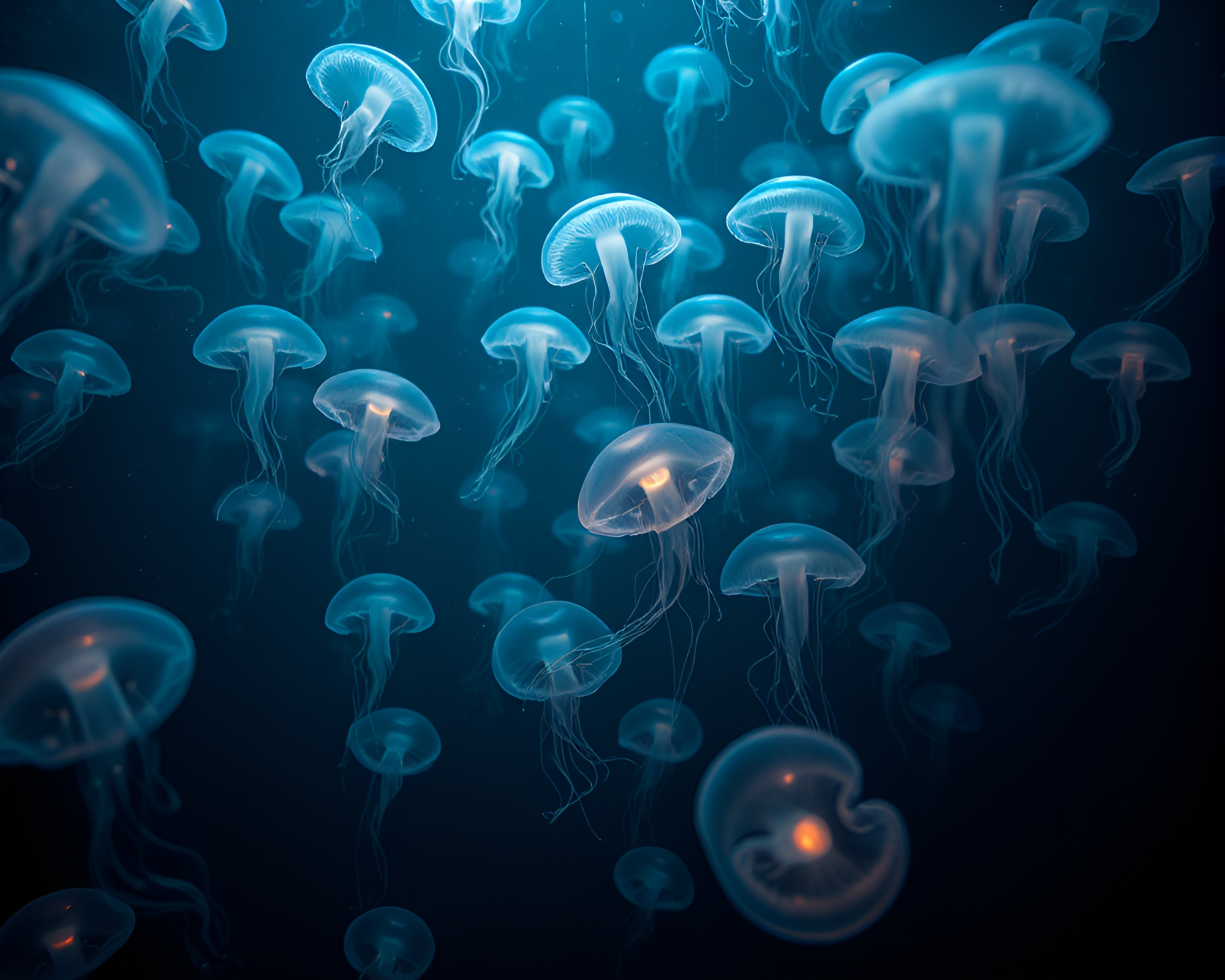 Luminescent Jellyfish Swarm in Ethereal Underwater World – free AI stock image