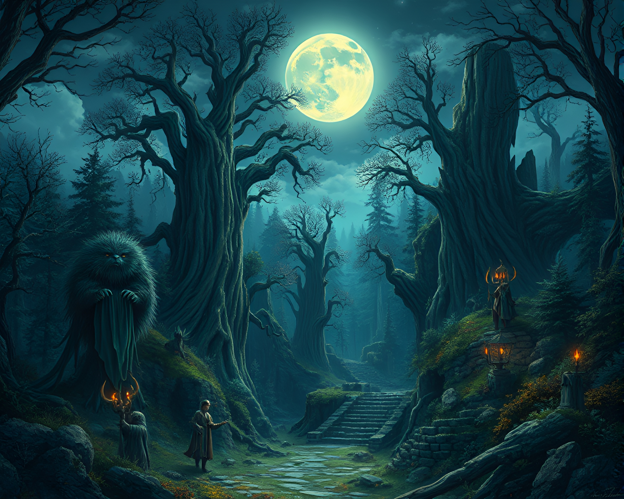 Enchanted Forest Glowing Under Full Moonlight Illustration – free AI stock image