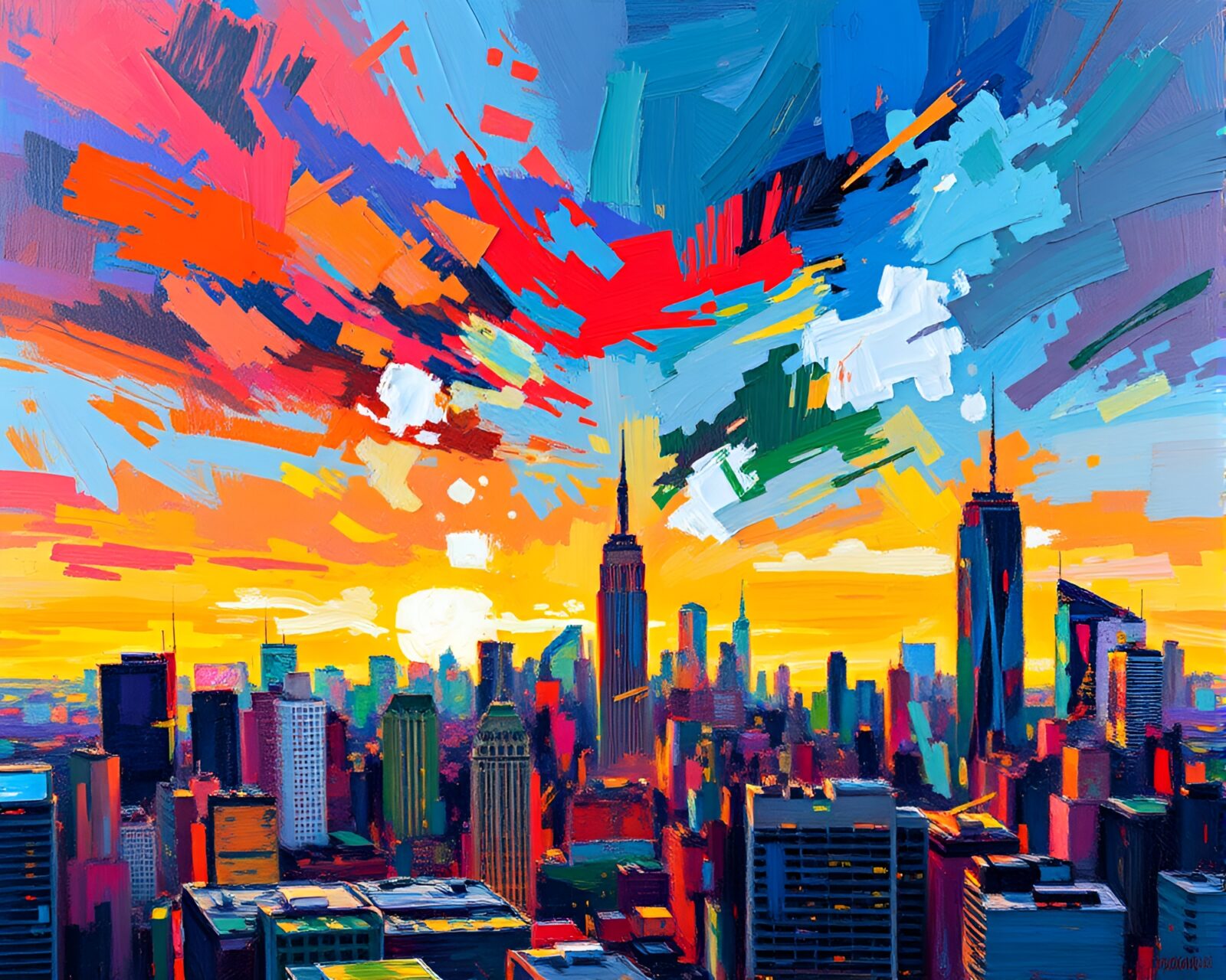 Bold and colorful cityscape oil painting masterpiece